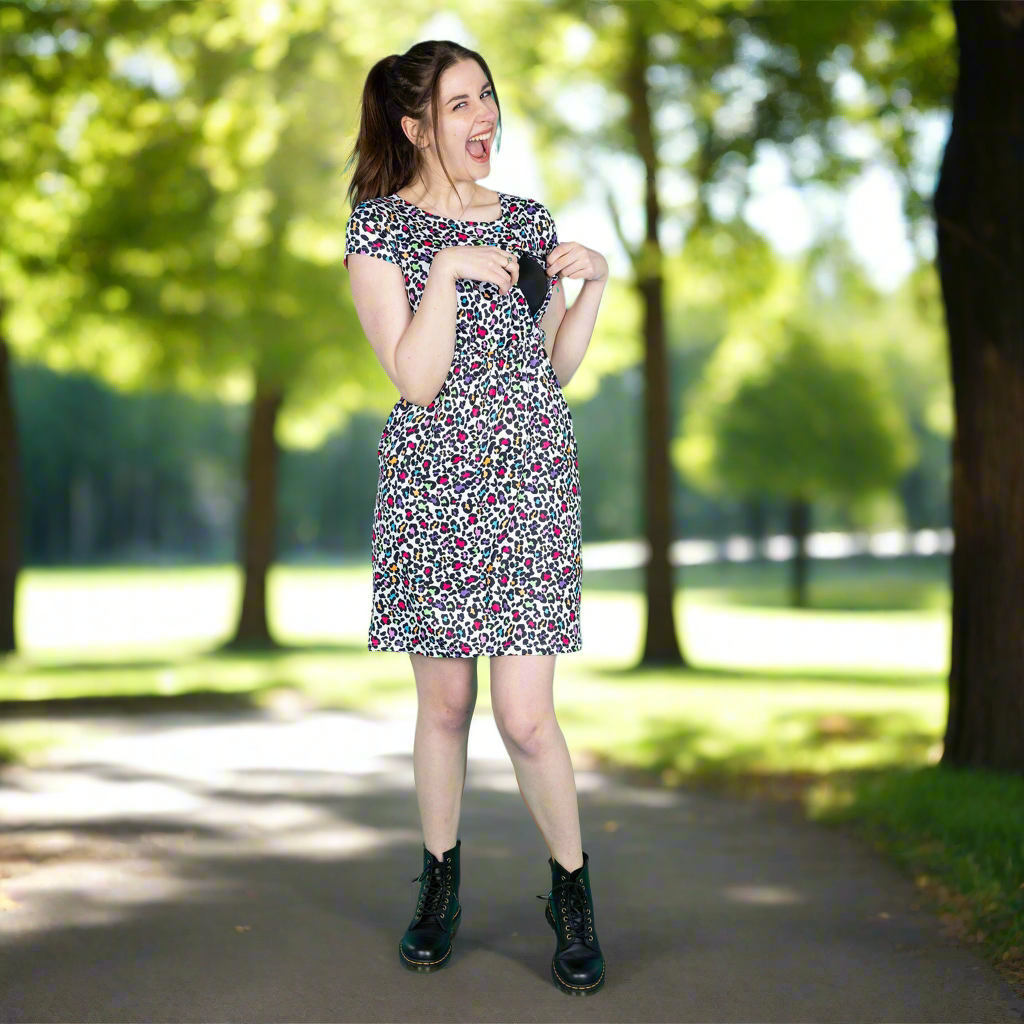 The Knee Length Breastfeeding Dress - Ruby Rainbow Leopard