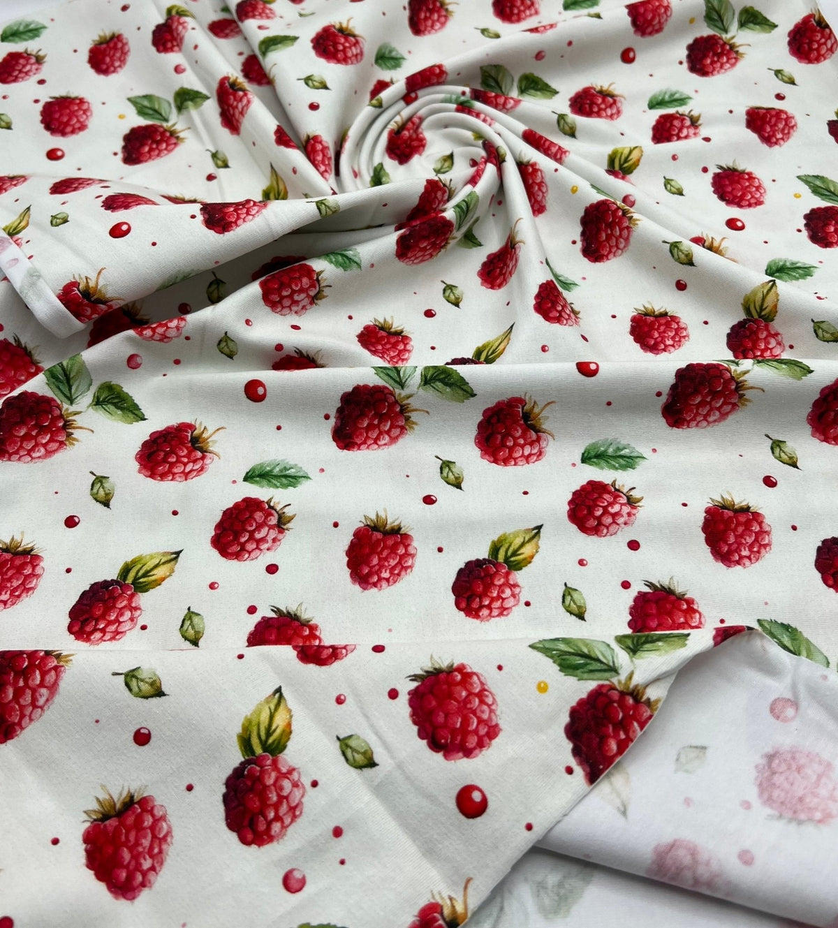 Raspberries Print Cotton Stretch Jersey 200 GSM 95/5 Lycra 4 Way Stretch