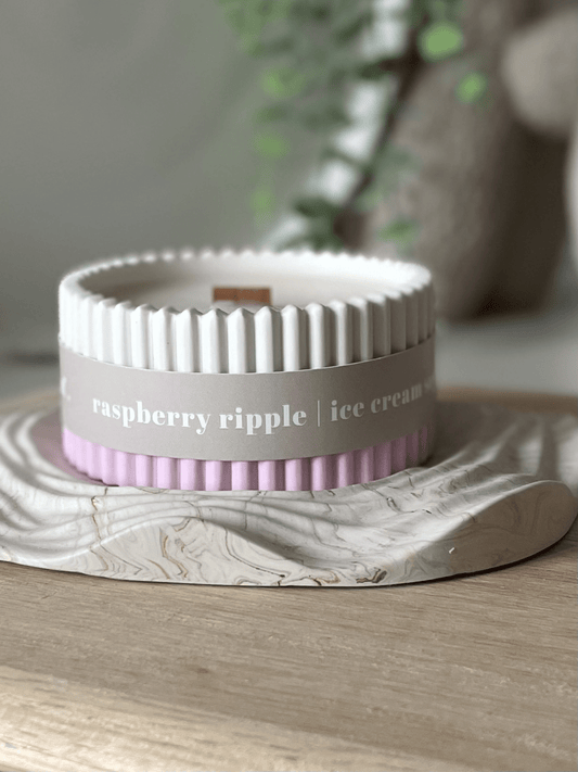 Raspberry Ripple Stoneware Soy Candle – Fruity Indulgent Scent