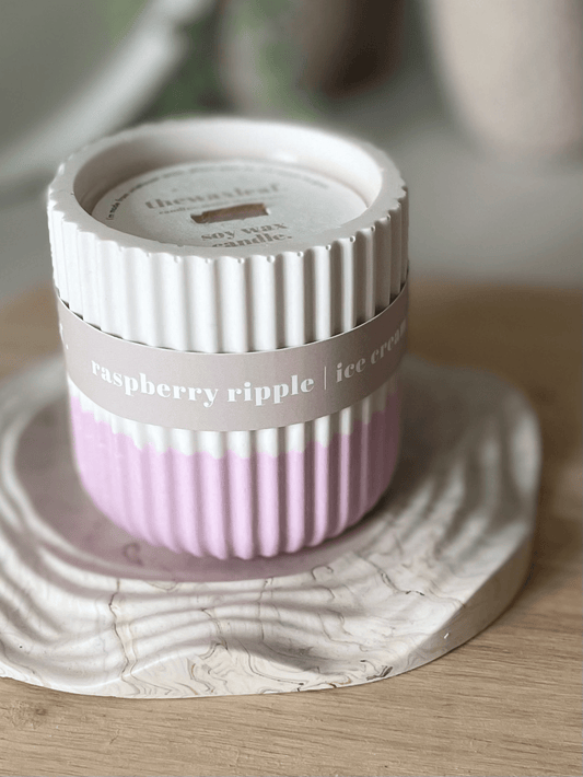 Raspberry Ripple Stoneware Soy Candle – Sustainable Fruity Scent