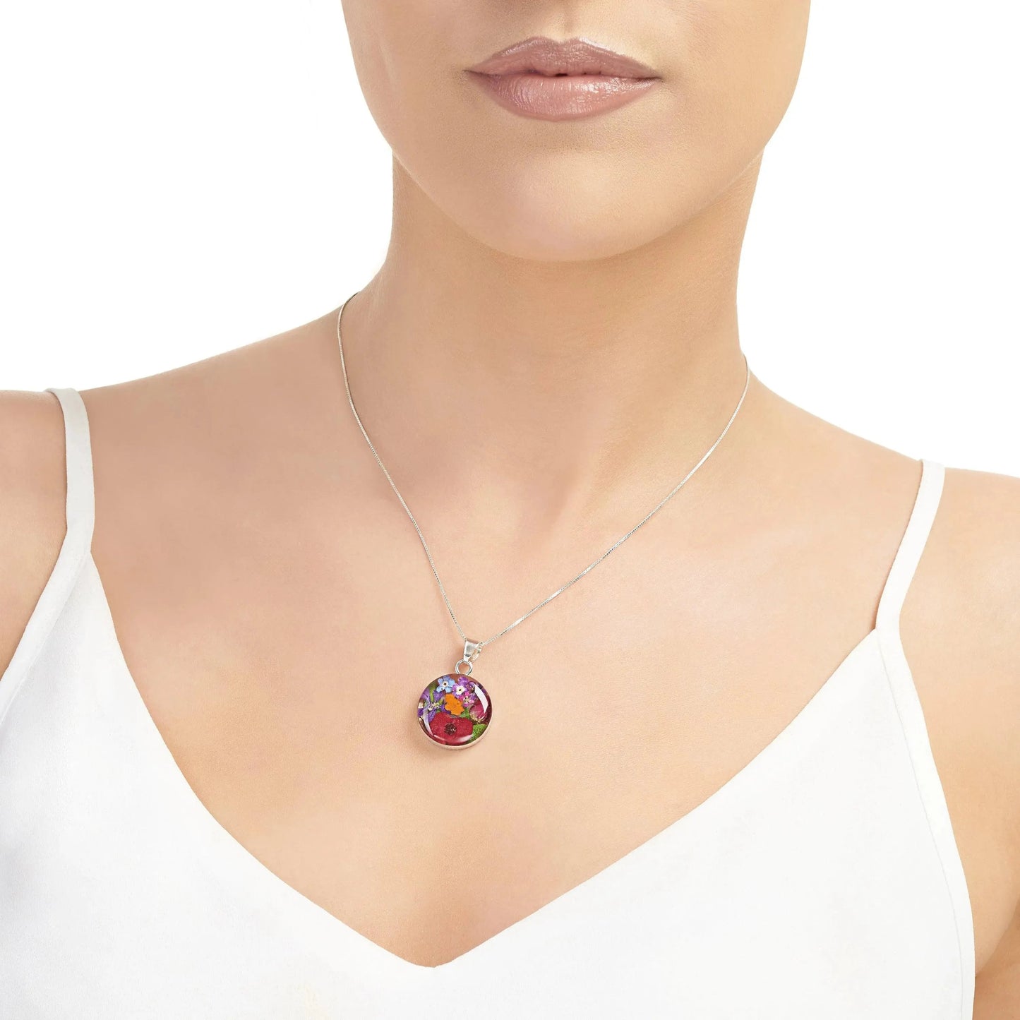 Flower Necklace in sterling silver. Round pendant with real flowers by Shrieking Violet®