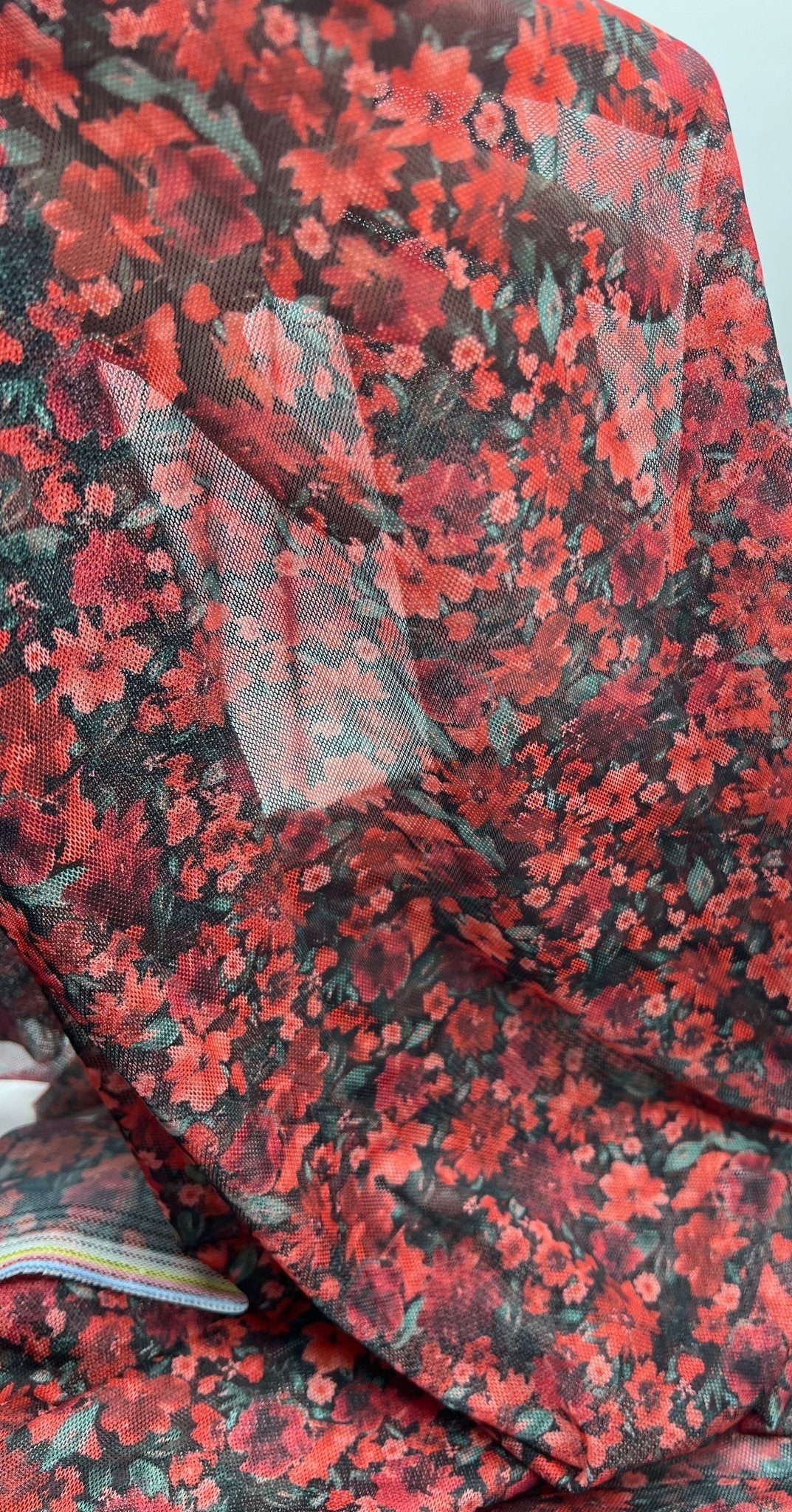 Red Black Ditsy Floral Mix Mesh Fabric Stretch