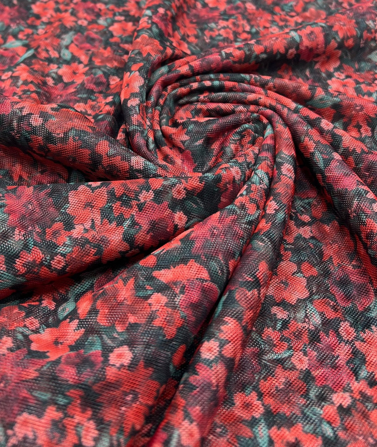 Red Black Ditsy Floral Mix Mesh Fabric Stretch
