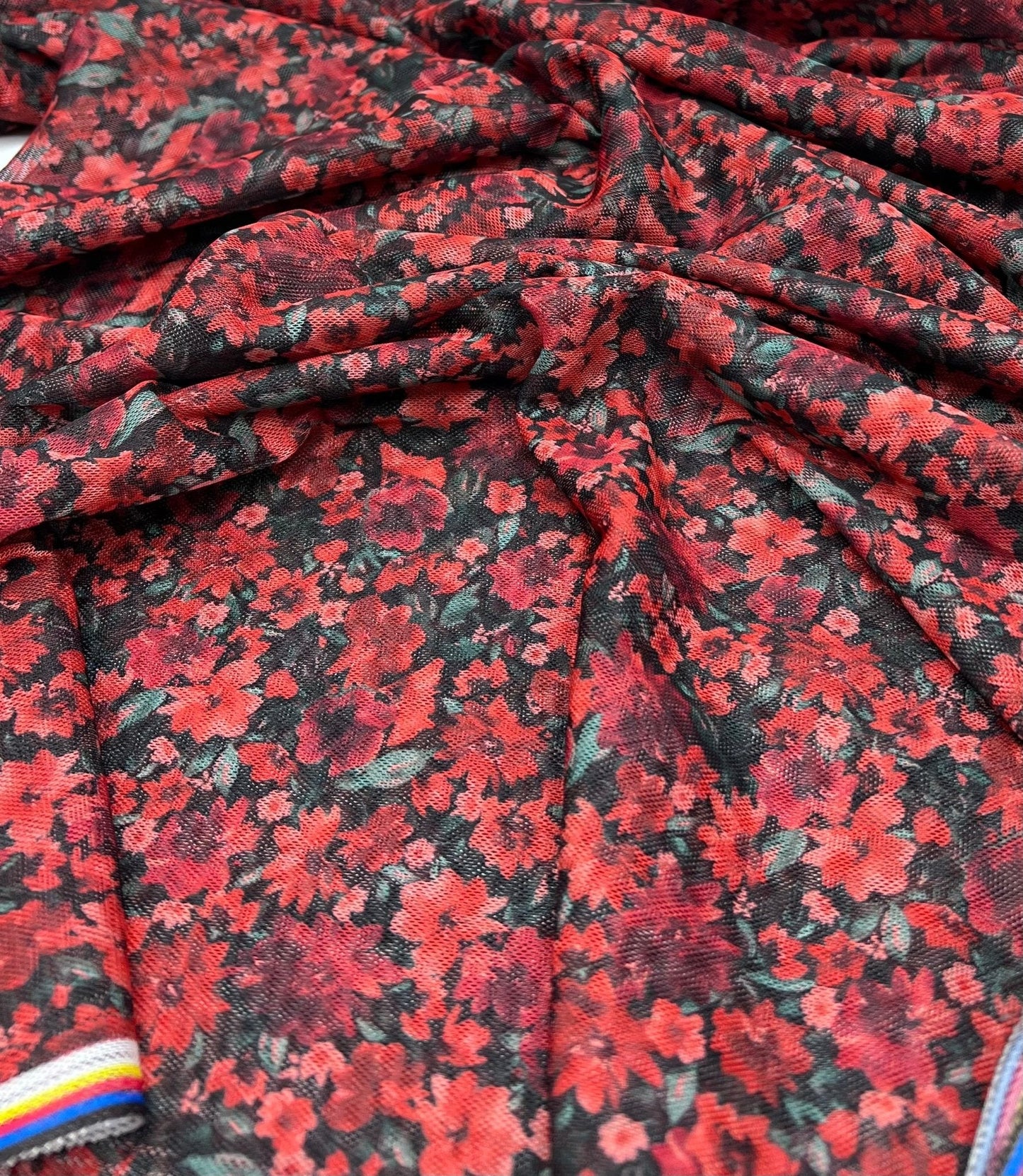 Red Black Ditsy Floral Mix Mesh Fabric Stretch
