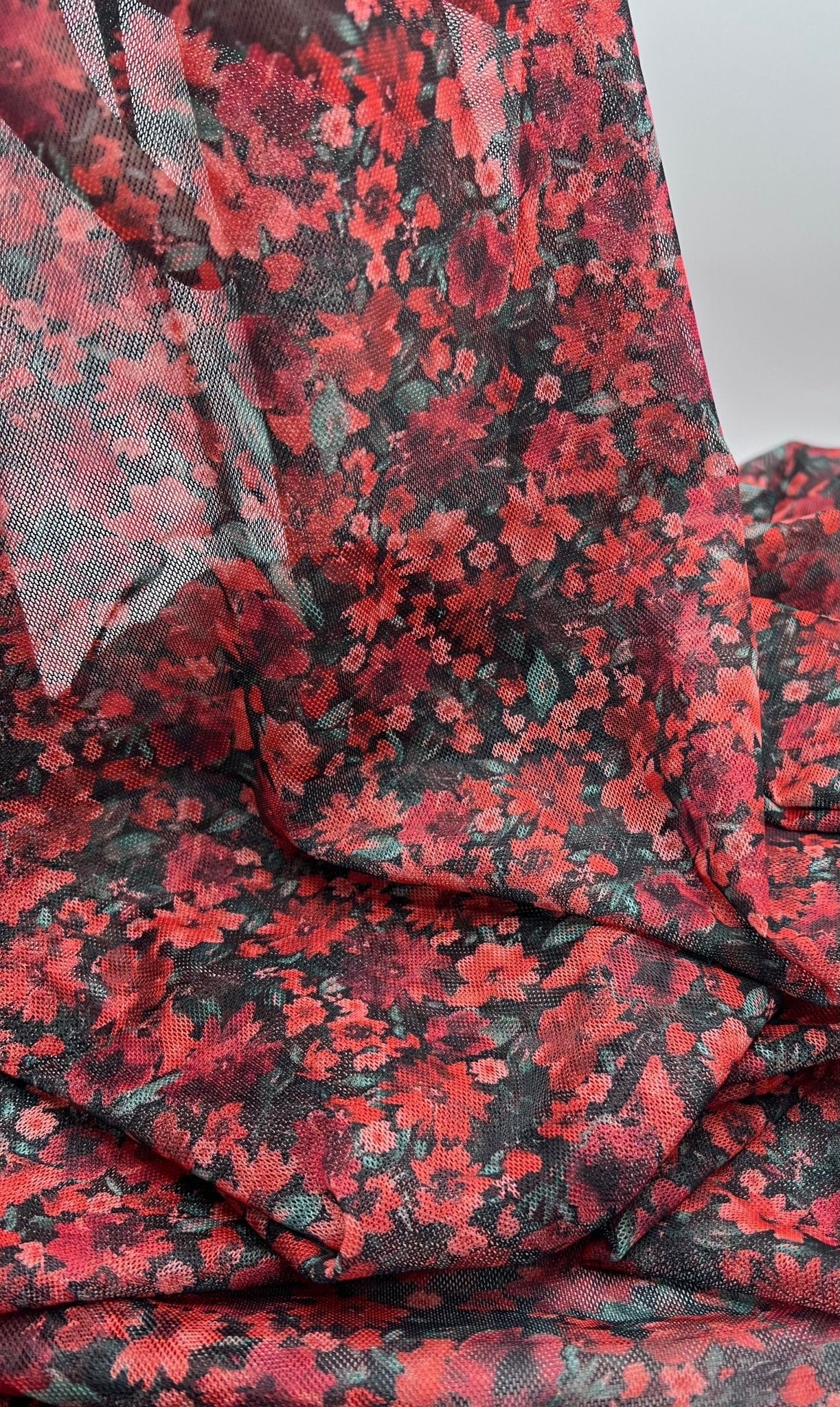 Red Black Ditsy Floral Mix Mesh Fabric Stretch