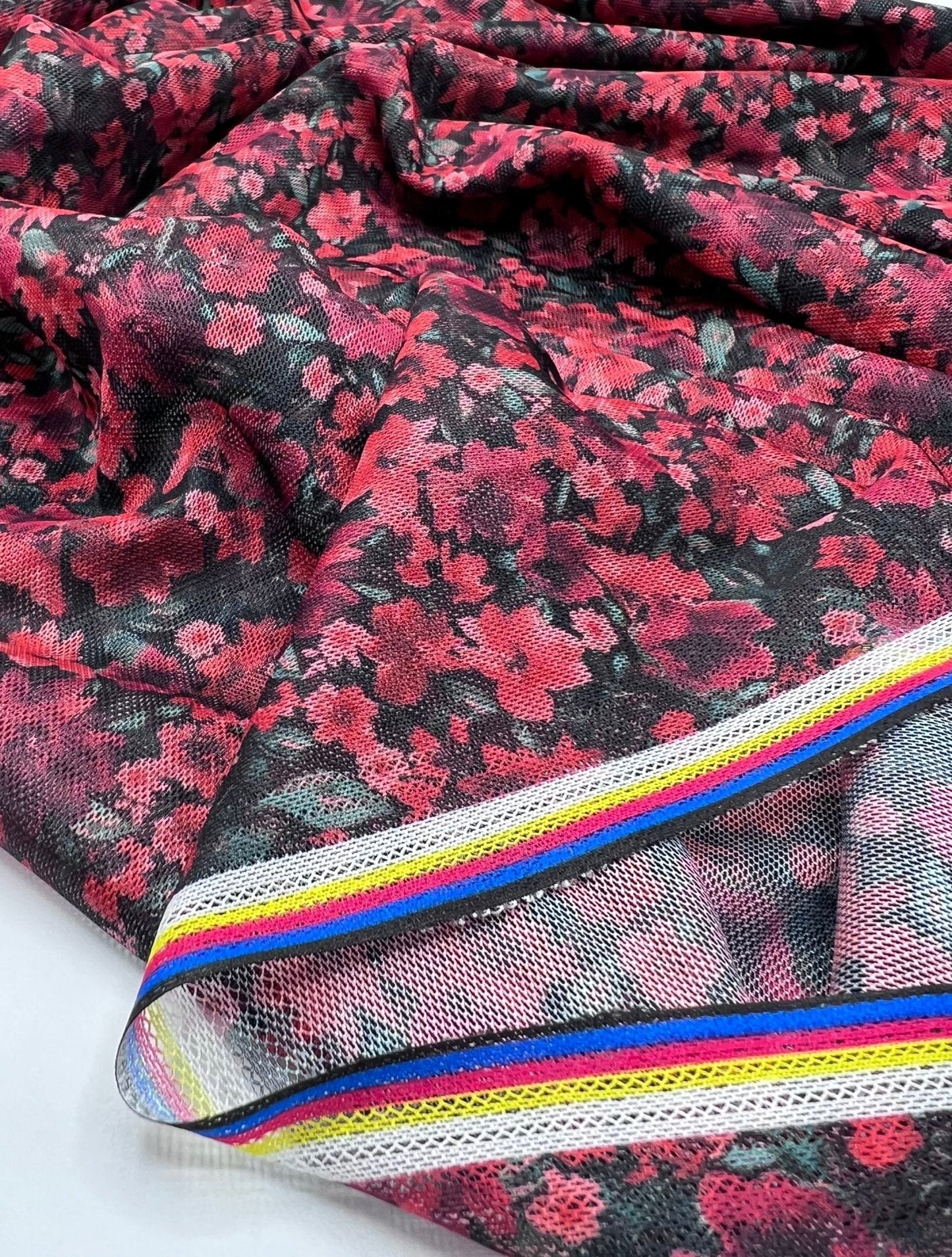 Red Black Ditsy Floral Mix Mesh Fabric Stretch