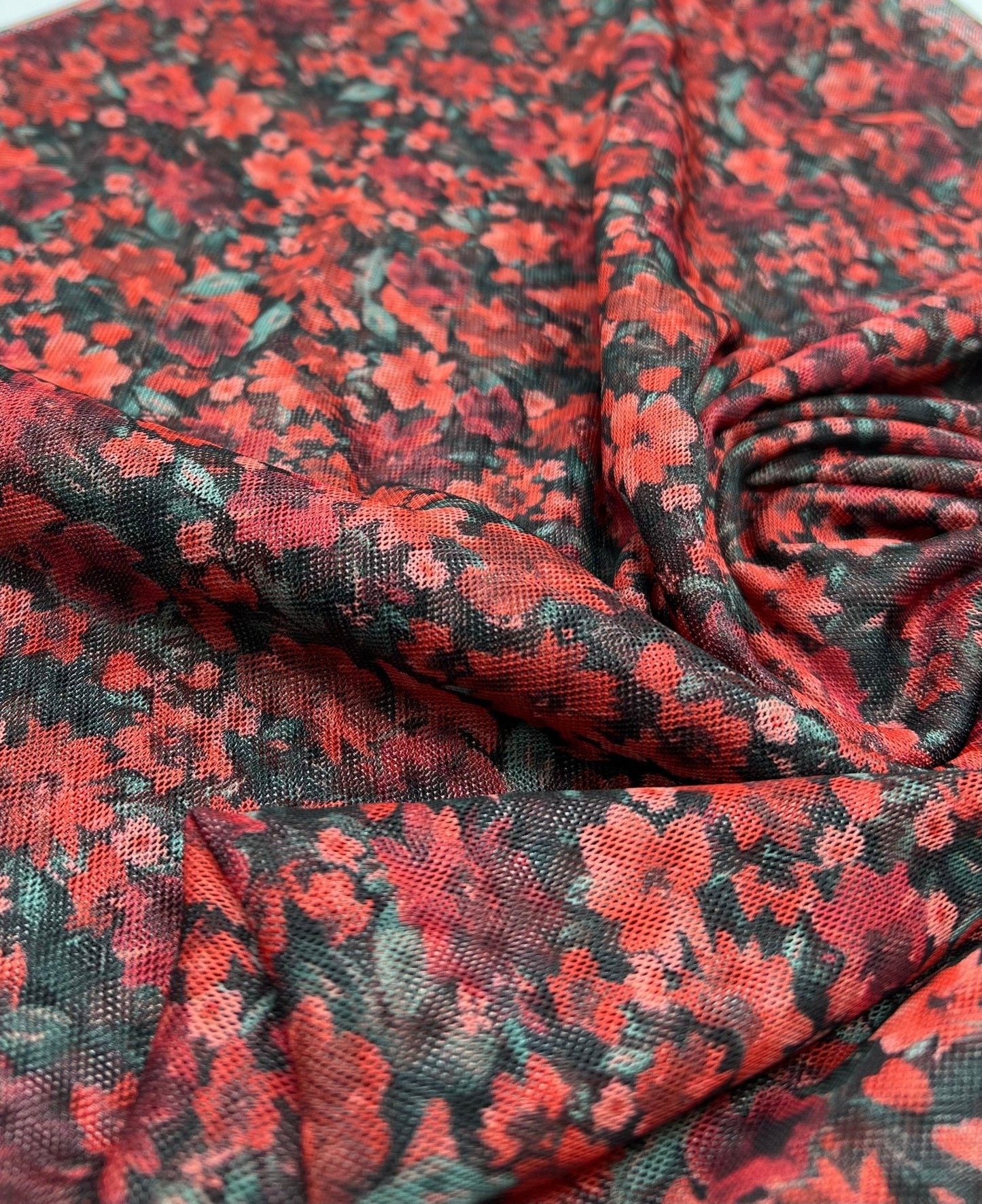 Red Black Ditsy Floral Mix Mesh Fabric Stretch