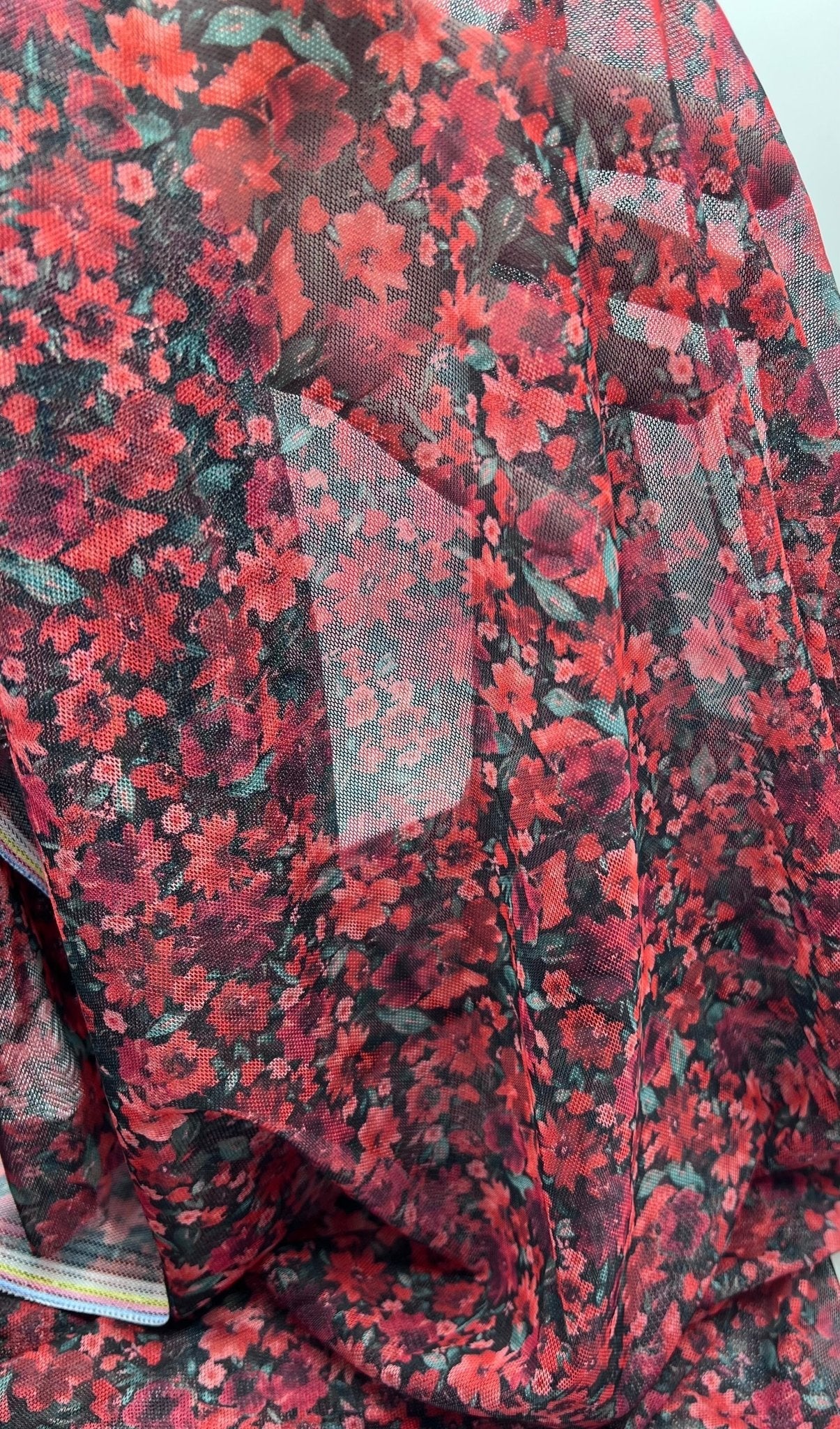 Red Black Ditsy Floral Mix Mesh Fabric Stretch