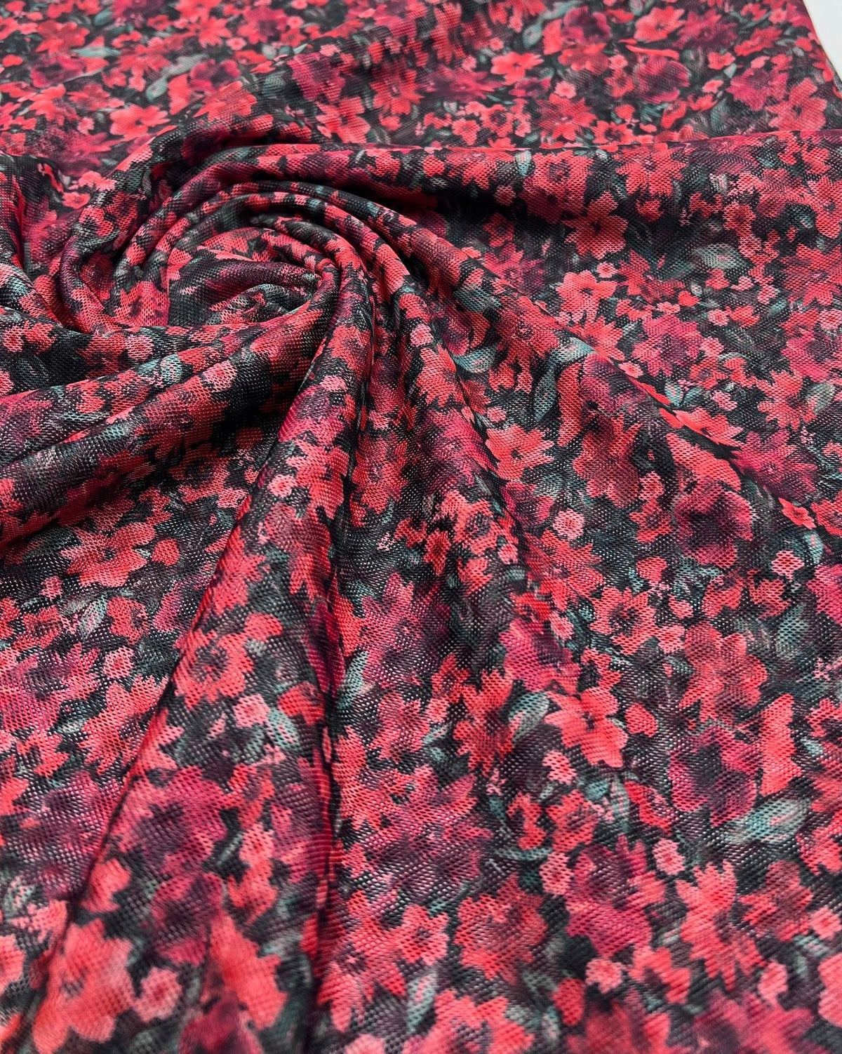 Red Black Ditsy Floral Mix Mesh Fabric Stretch