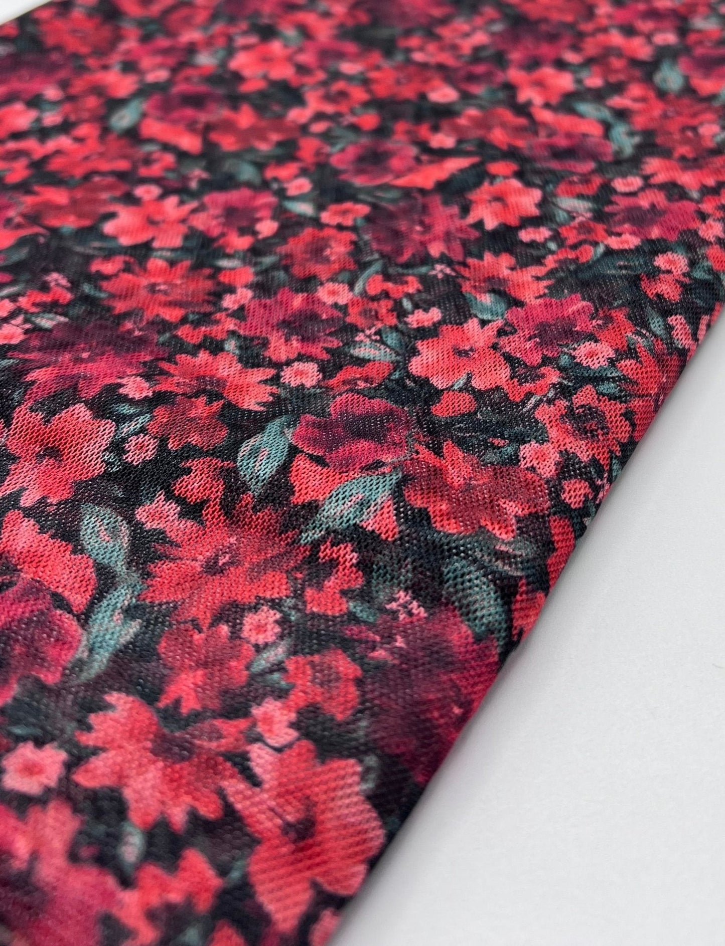 Red Black Ditsy Floral Mix Mesh Fabric Stretch