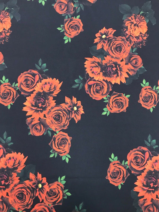 Red & Black Rose Printed Scuba Crepe Jersey Fabric 4 Way Stretch