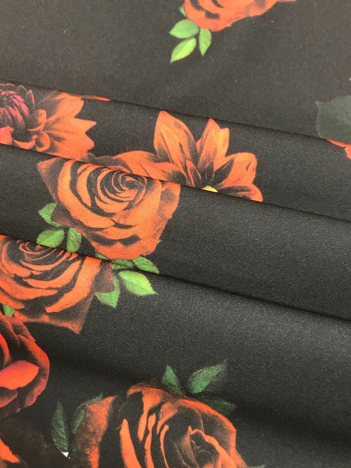Red & Black Rose Printed Scuba Crepe Jersey Fabric 4 Way Stretch