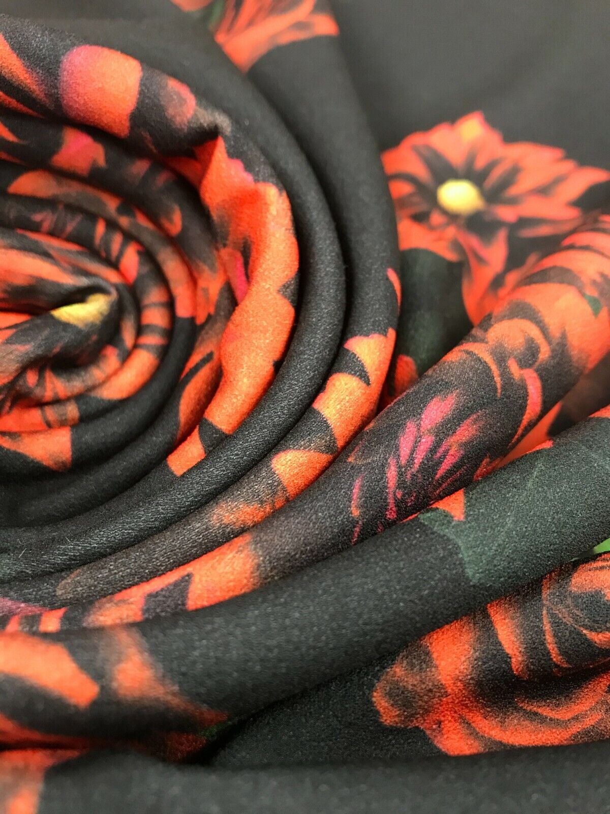 Red & Black Rose Printed Scuba Crepe Jersey Fabric 4 Way Stretch