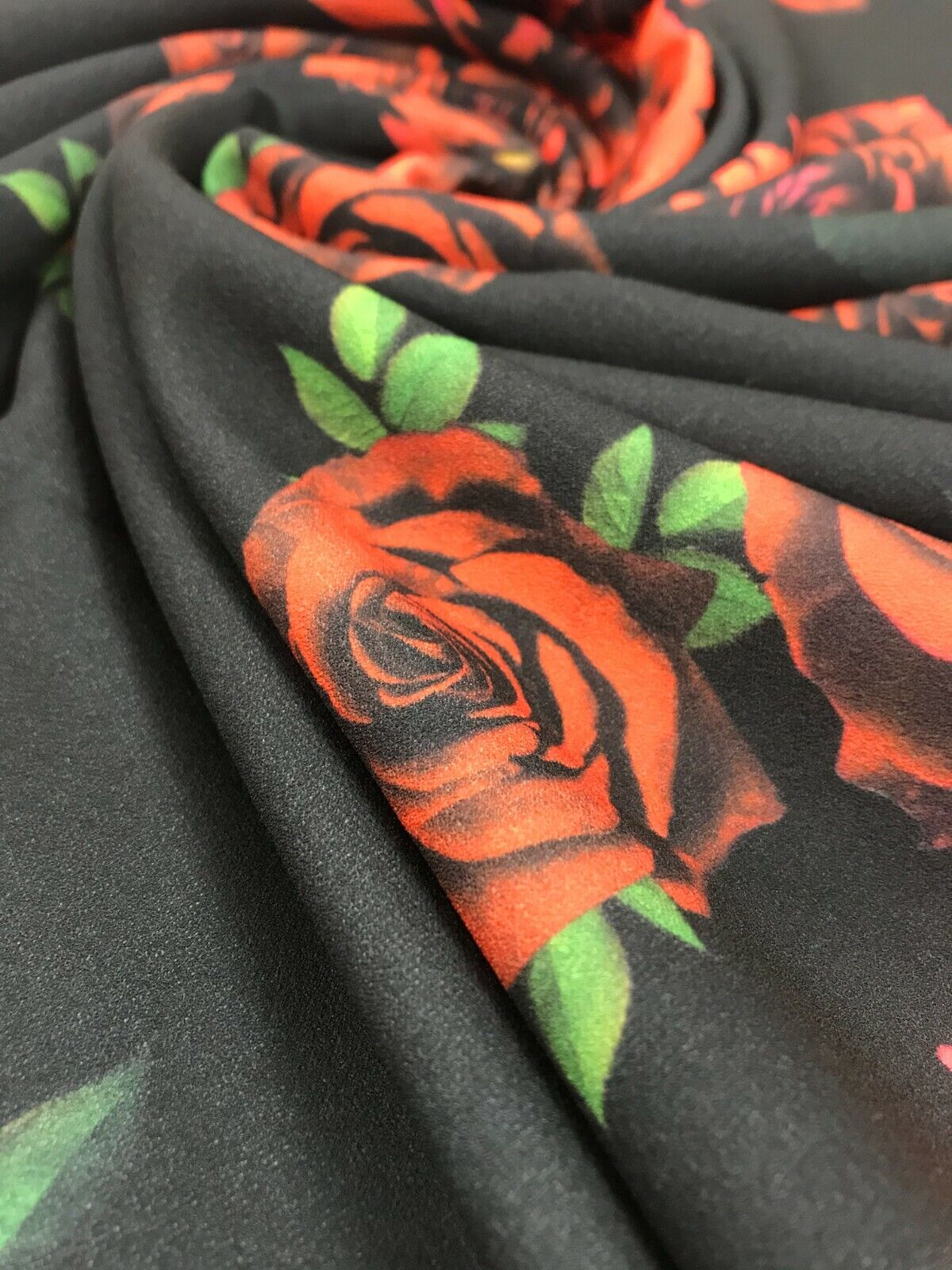 Red & Black Rose Printed Scuba Crepe Jersey Fabric 4 Way Stretch