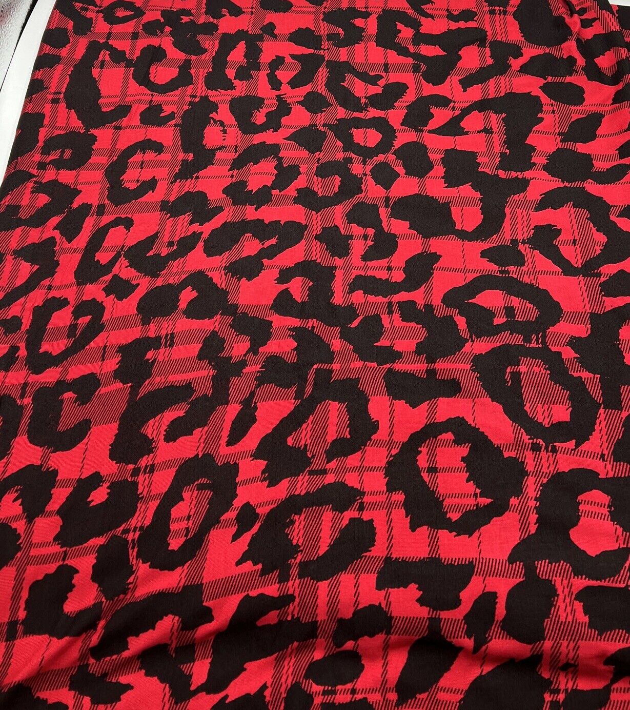 Red Black Tartan Print Black Viscose Elastane Fabric