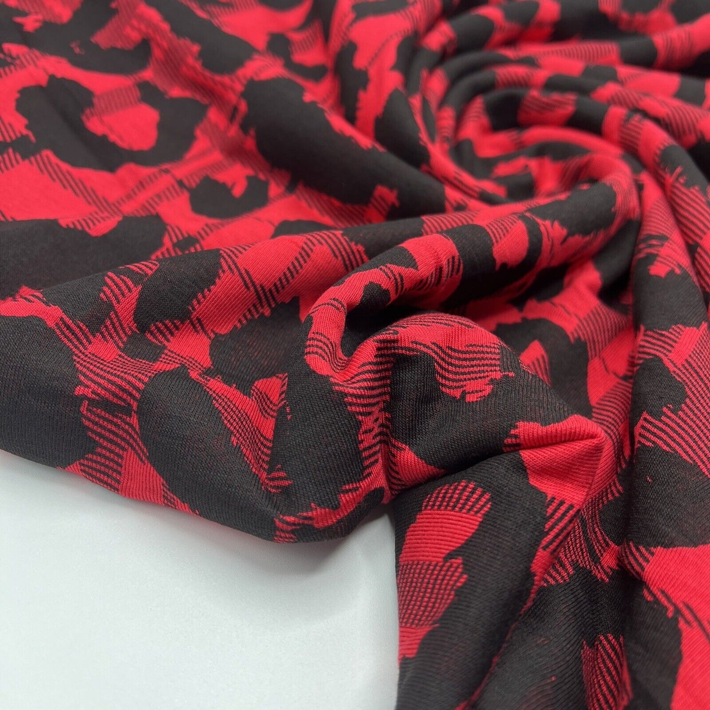 Red Black Tartan Print Black Viscose Elastane Fabric