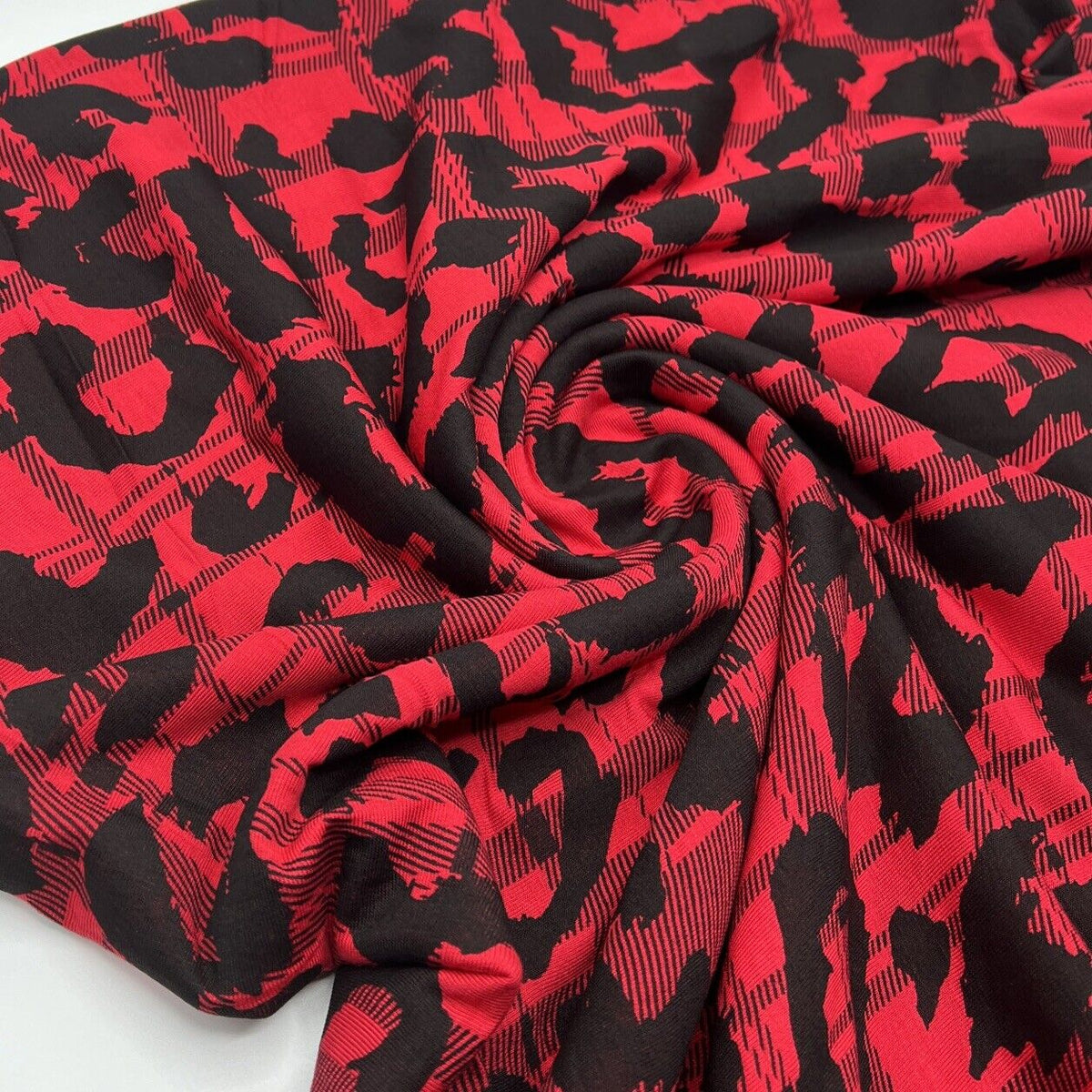 Red Black Tartan Print Black Viscose Elastane Fabric