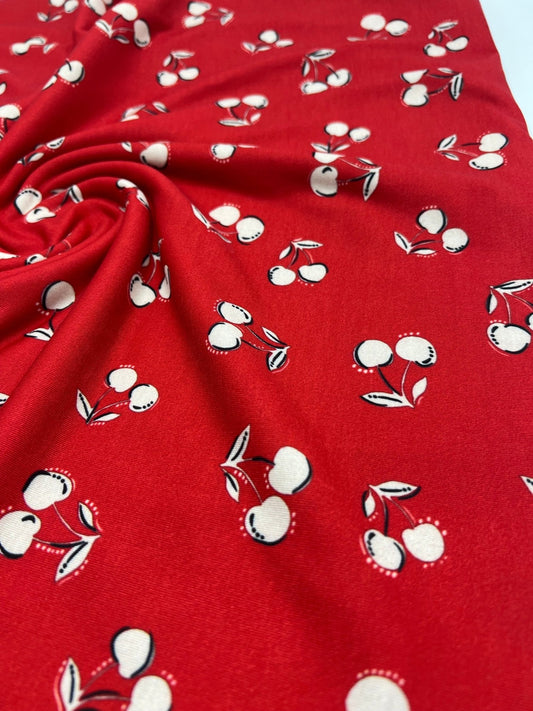 Red Cherry Print Super Soft Spun Poly Stretch Fabric