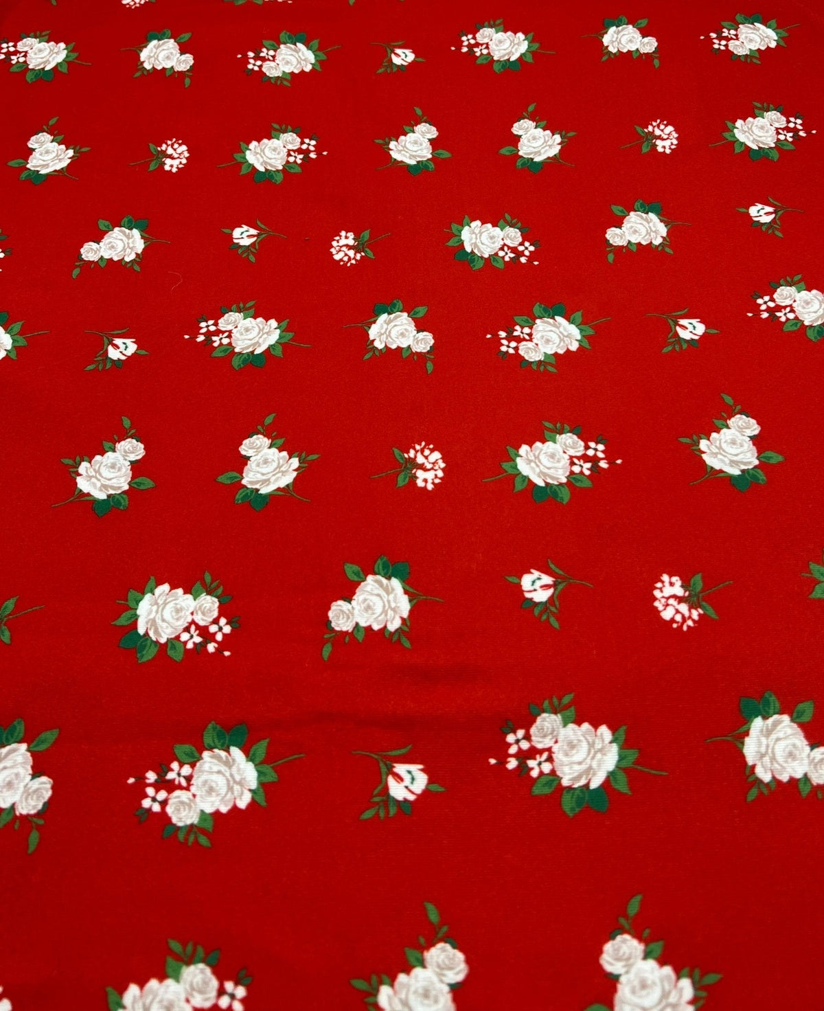 Red Floral Print Spun Poly Stretch Fabric