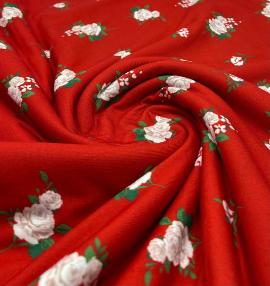 Red Floral Print Spun Poly Stretch Fabric