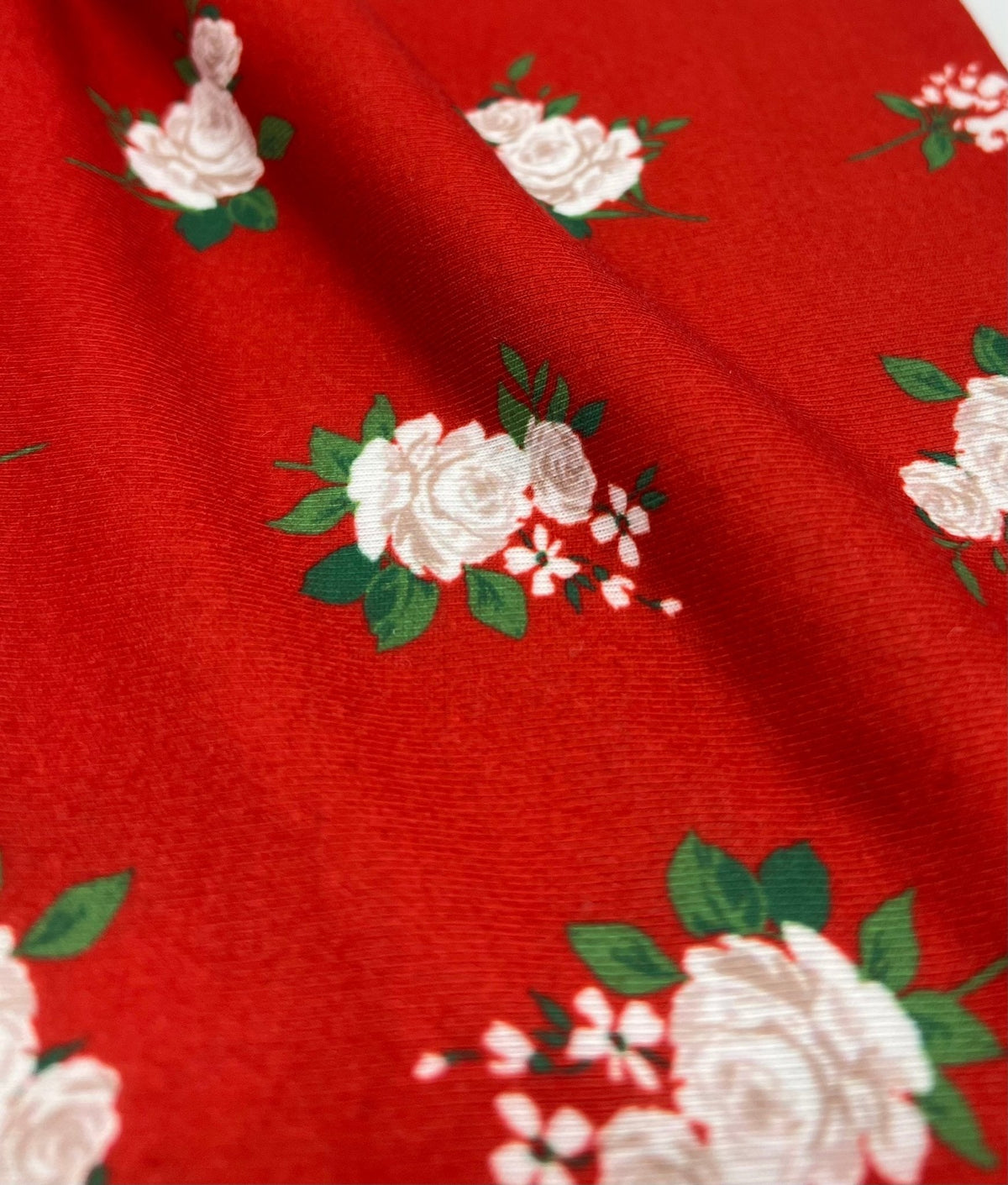 Red Floral Print Spun Poly Stretch Fabric