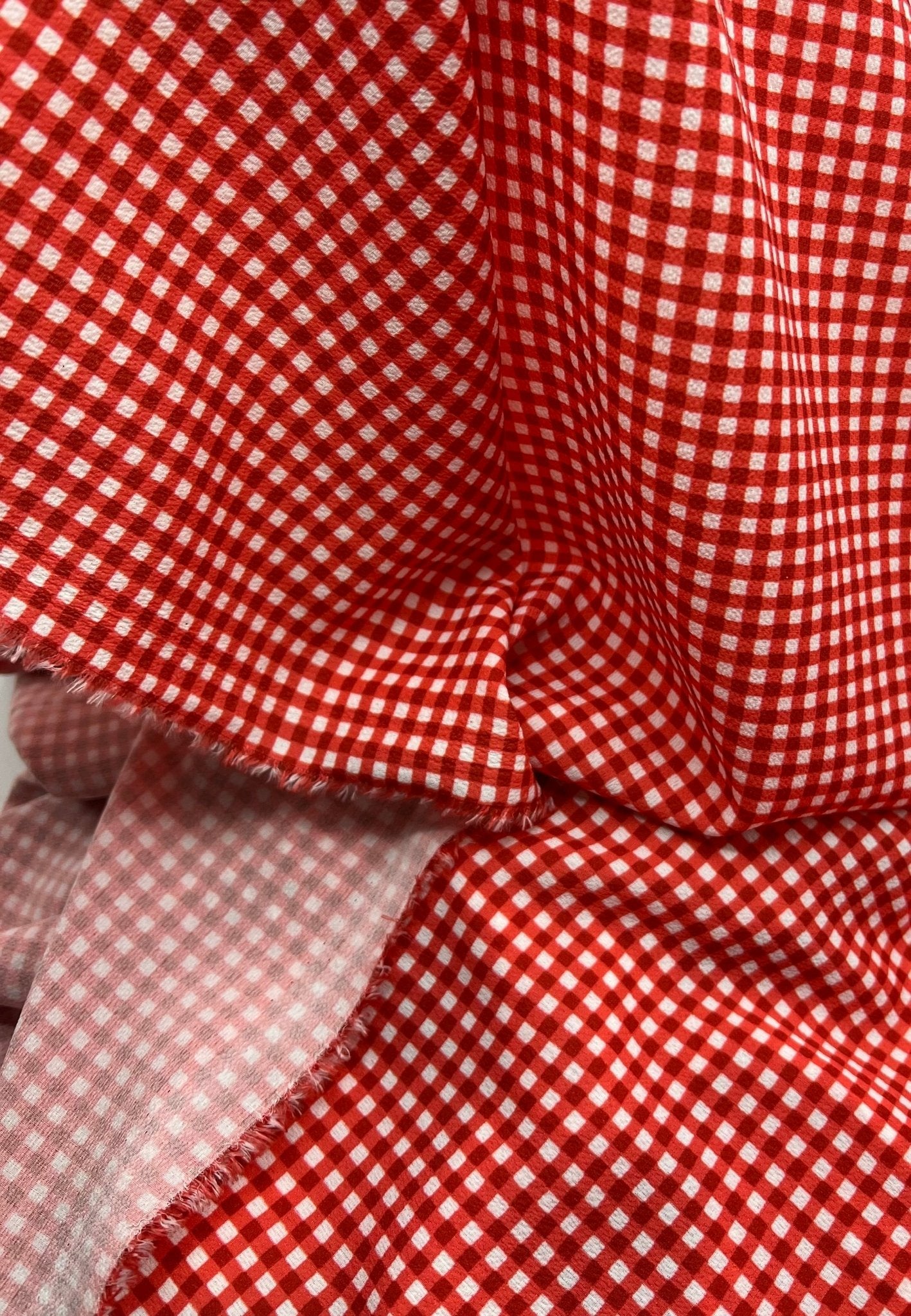Red Gingham Check Print Lightweight Bubble Crepe Fabric