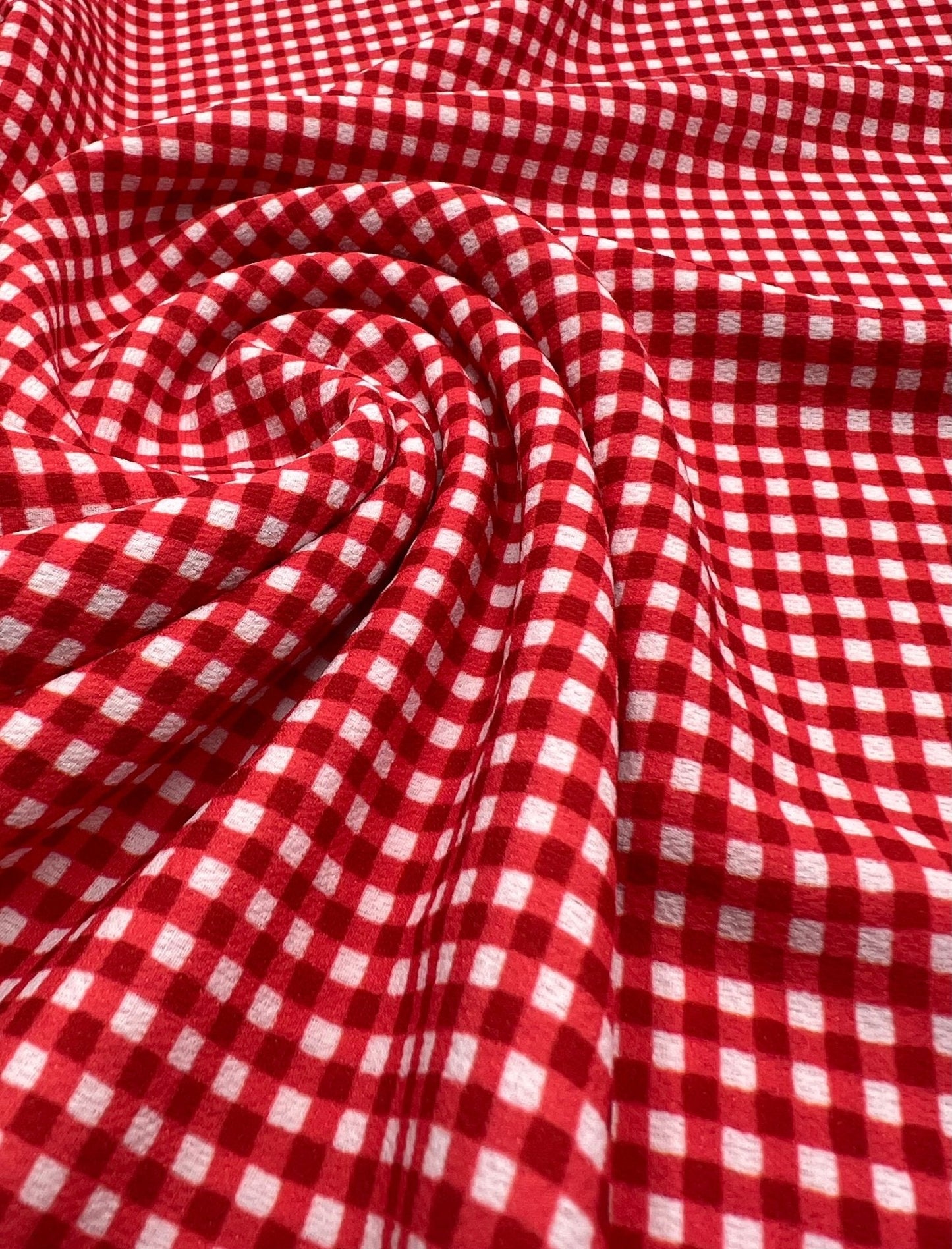 Red Gingham Check Print Lightweight Bubble Crepe Fabric