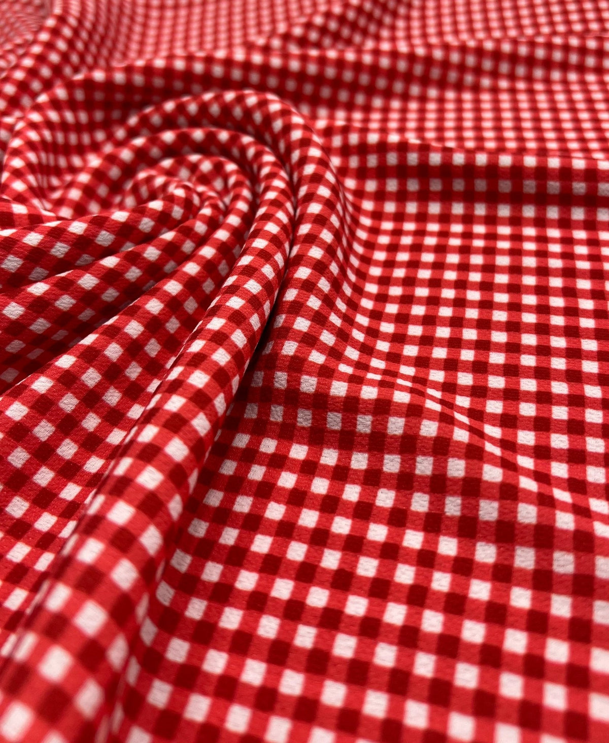 Red Gingham Check Print Lightweight Bubble Crepe Fabric