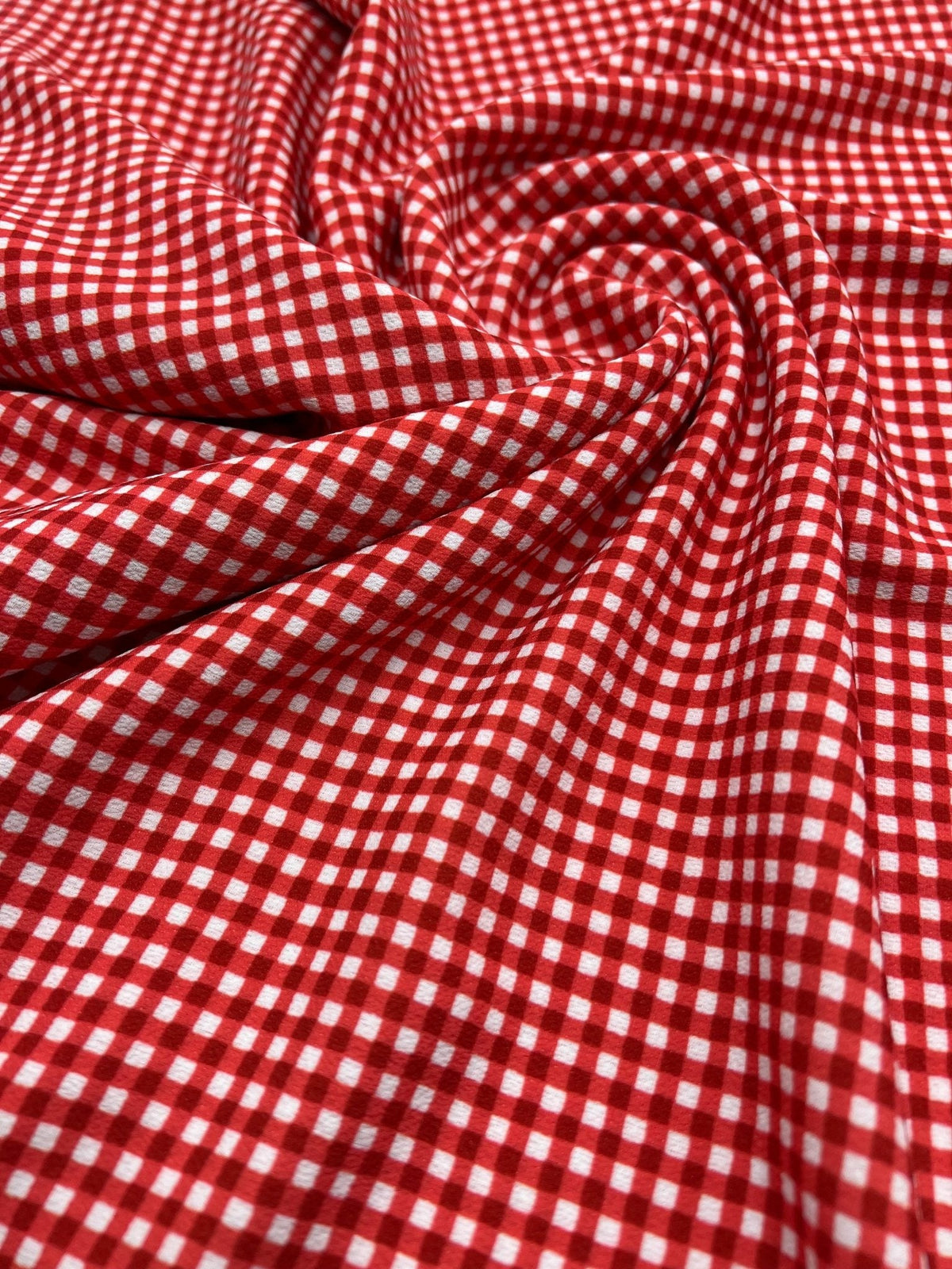Red Gingham Check Print Lightweight Bubble Crepe Fabric