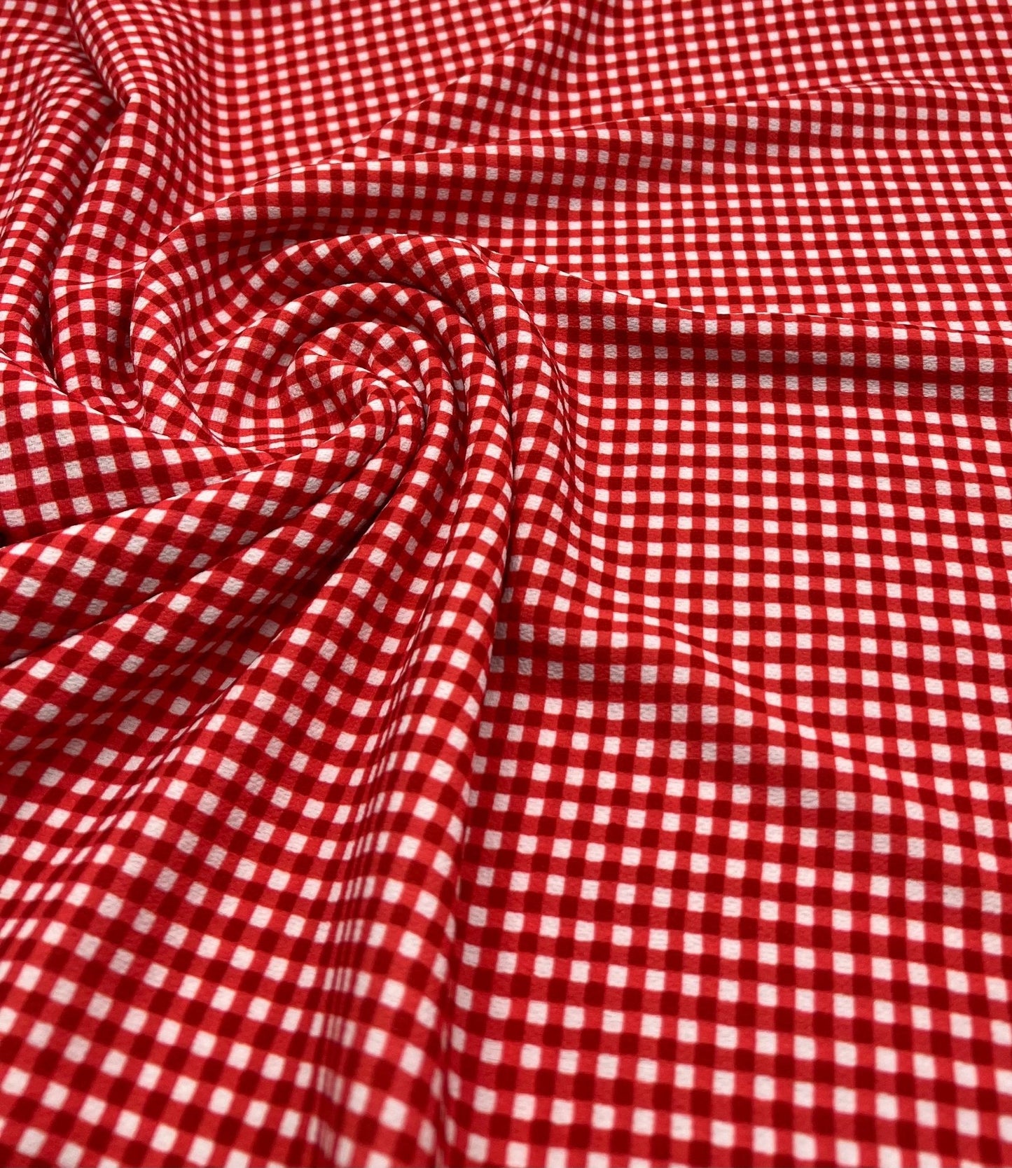 Red Gingham Check Print Lightweight Bubble Crepe Fabric