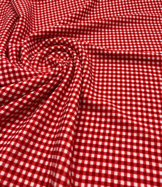 Red Gingham Check Print Lightweight Bubble Crepe Fabric