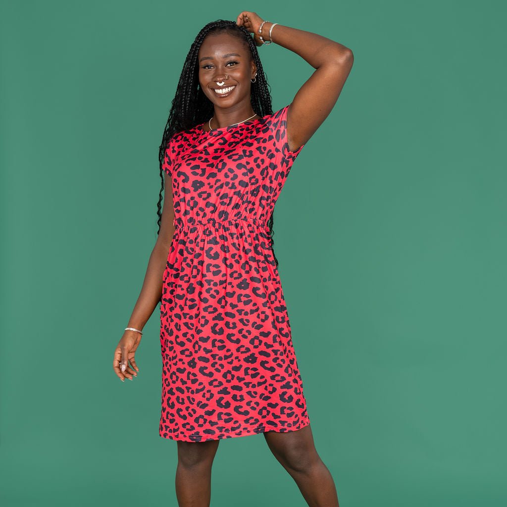 The Knee Length Breastfeeding Dress - Red Leopard Print