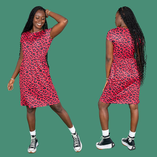 The Knee Length Breastfeeding Dress - Red Leopard Print