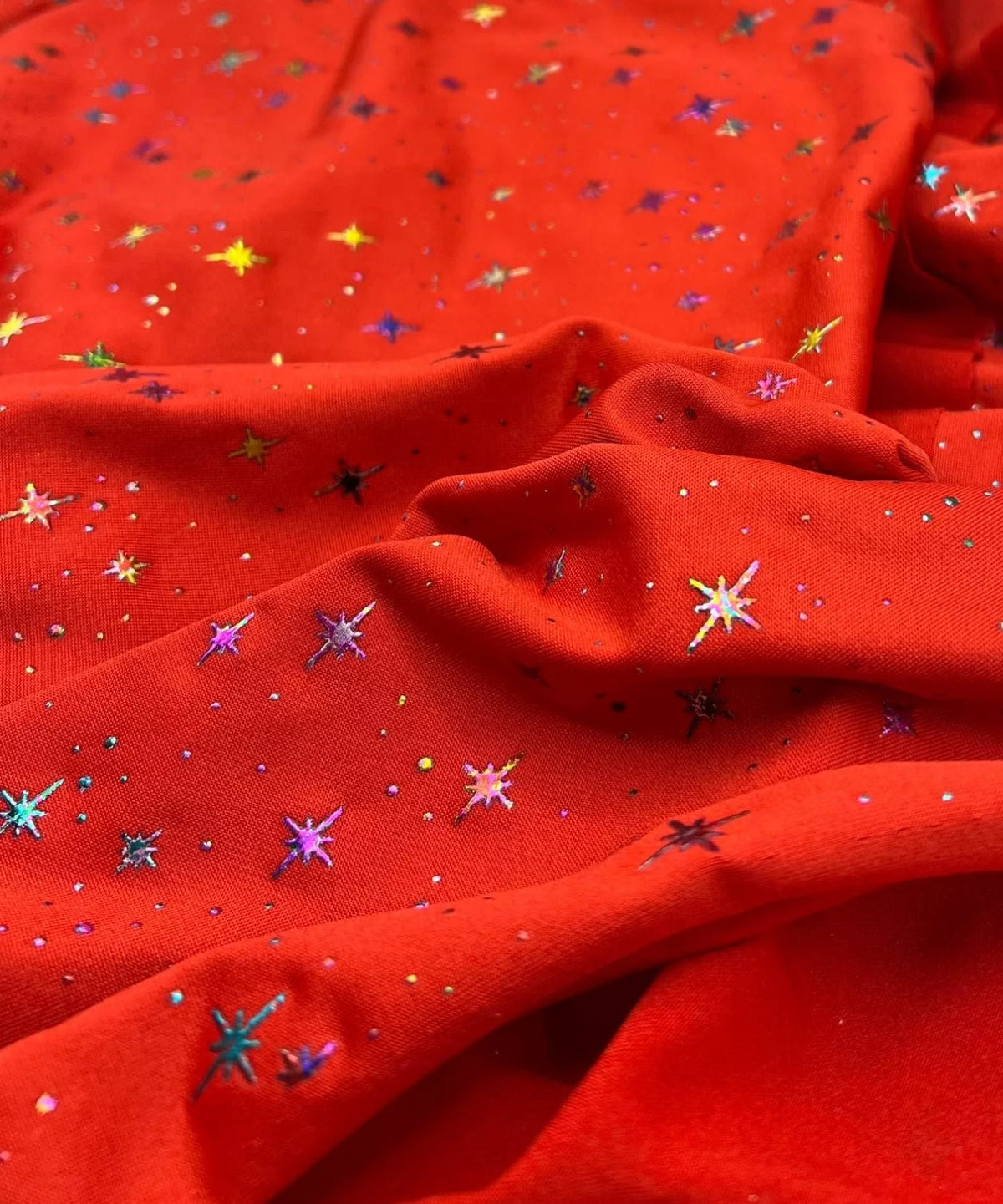 Red Multi Star Soft Spun Poly Stretch Fabric