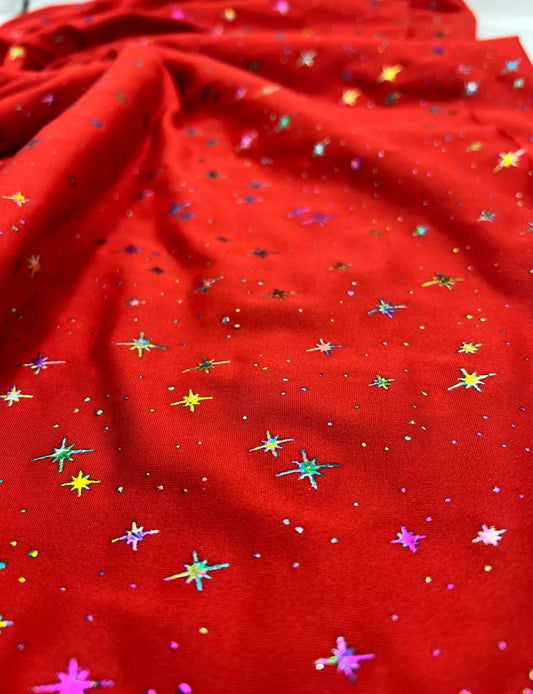 Red Multi Star Soft Spun Poly Stretch Fabric