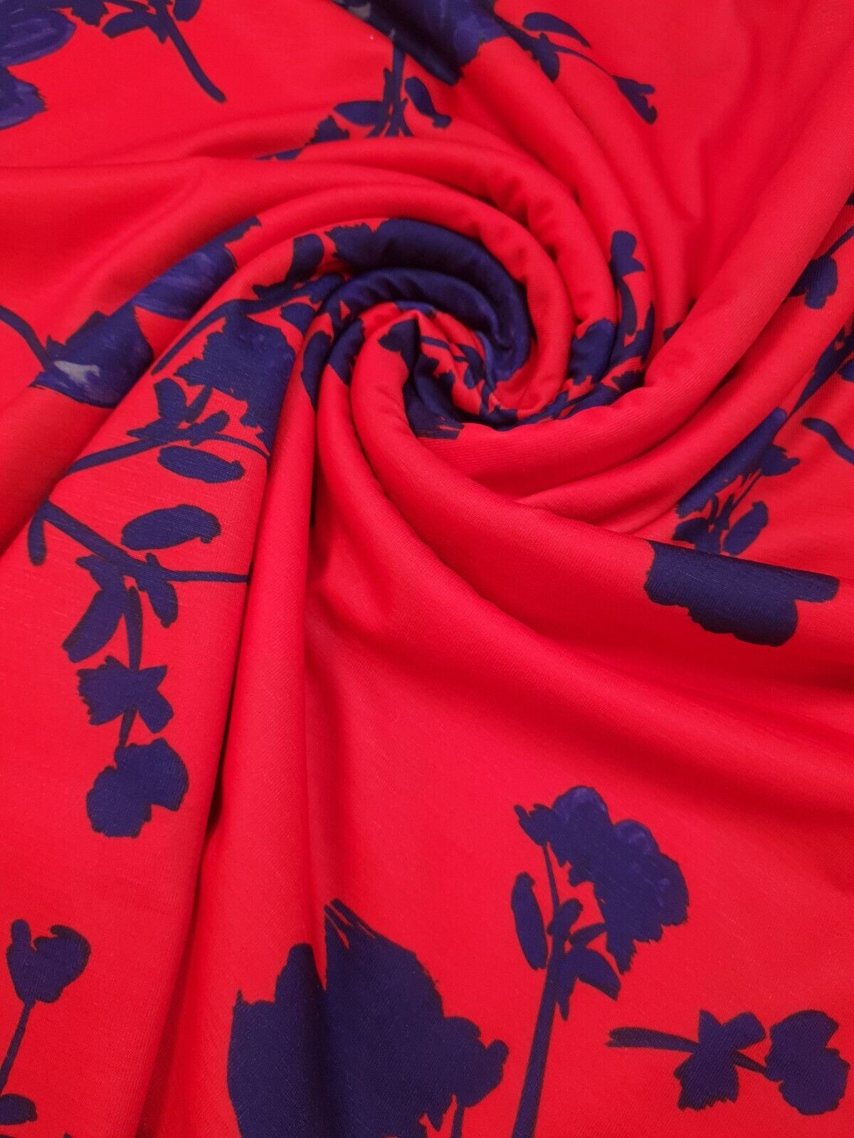 Red & Navy Large Brushstroke  floral Print Spun Poly Stretch Fabric