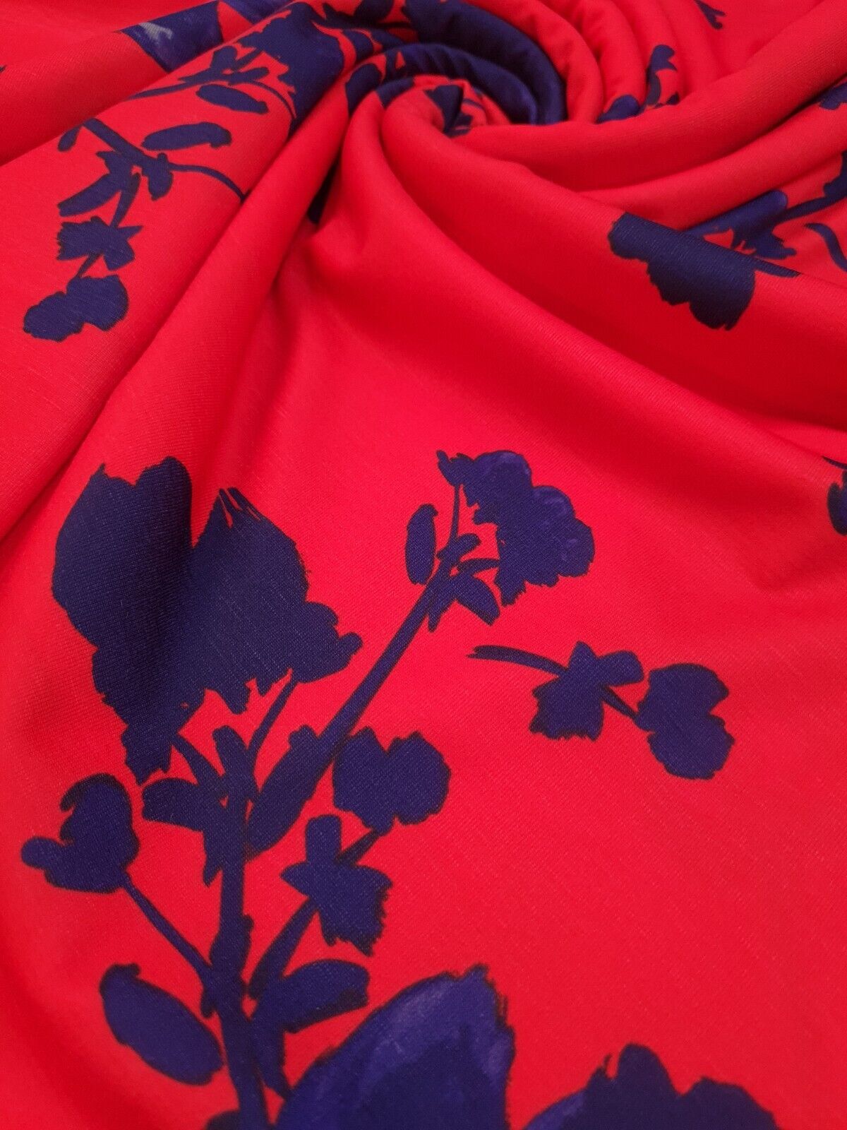 Red & Navy Large Brushstroke  floral Print Spun Poly Stretch Fabric