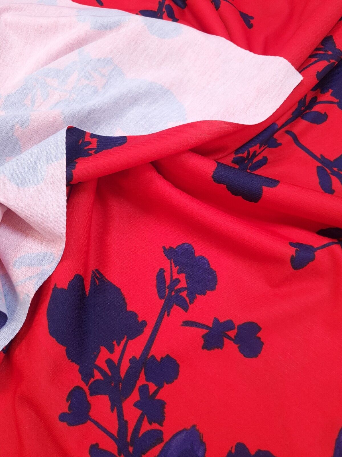 Red & Navy Large Brushstroke  floral Print Spun Poly Stretch Fabric