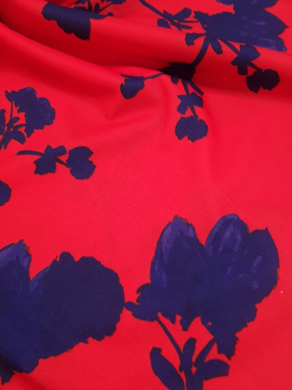 Red & Navy Large Brushstroke  floral Print Spun Poly Stretch Fabric