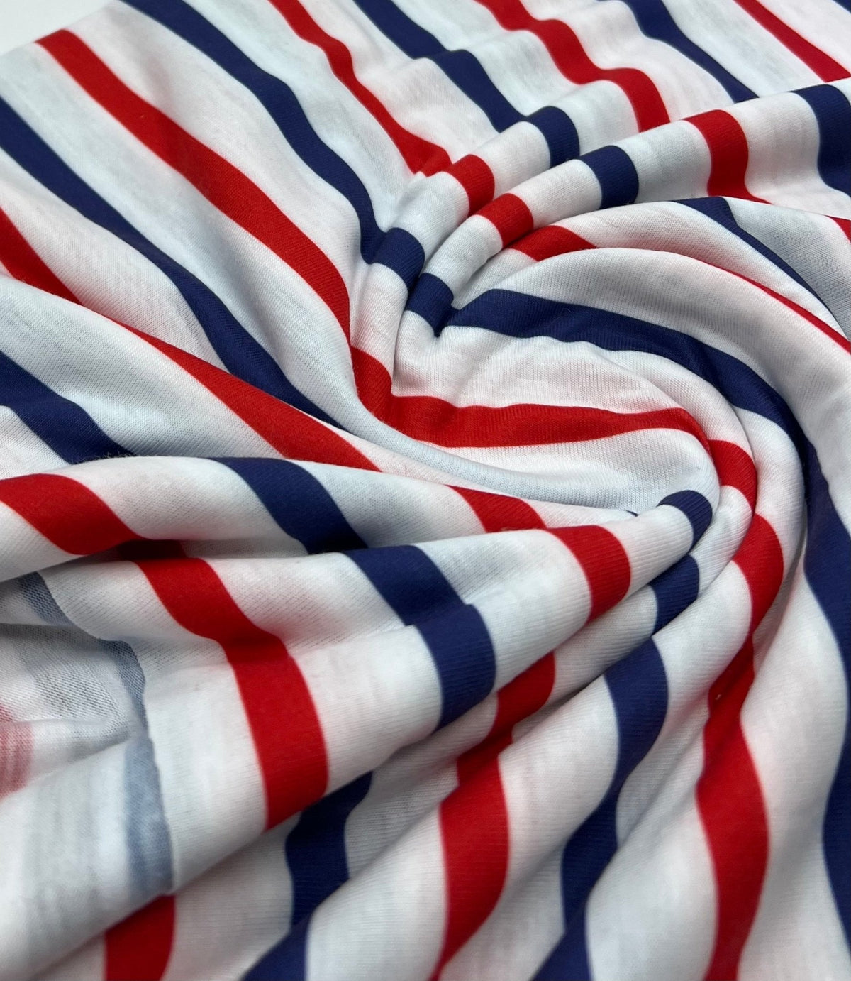 Red Navy Stripe Print Spun Poly Stretch Fabric