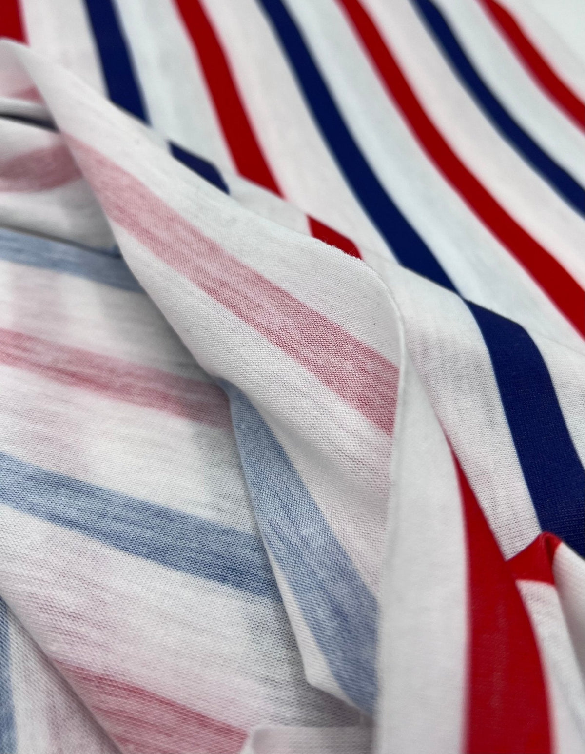 Red Navy Stripe Print Spun Poly Stretch Fabric