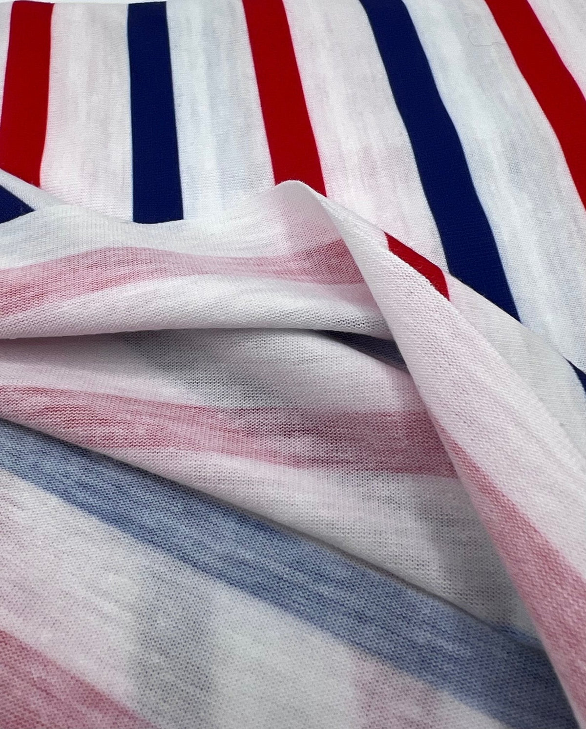 Red Navy Stripe Print Spun Poly Stretch Fabric