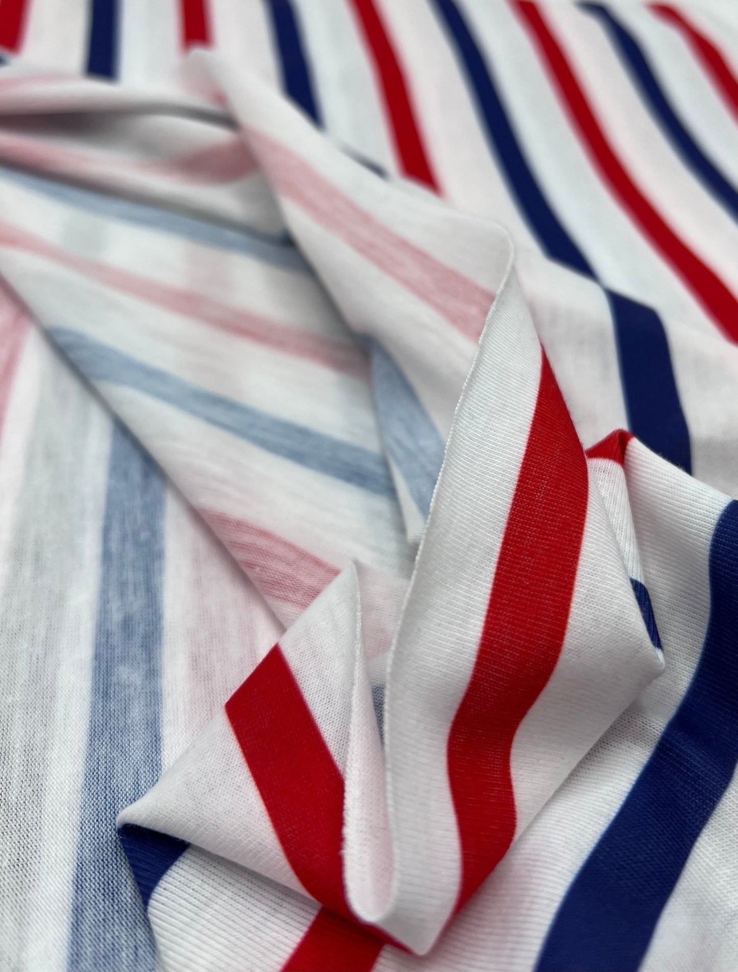 Red Navy Stripe Print Spun Poly Stretch Fabric