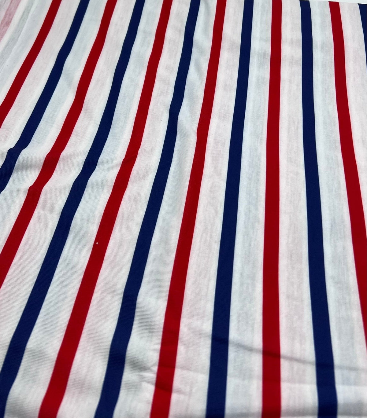 Red Navy Stripe Print Spun Poly Stretch Fabric
