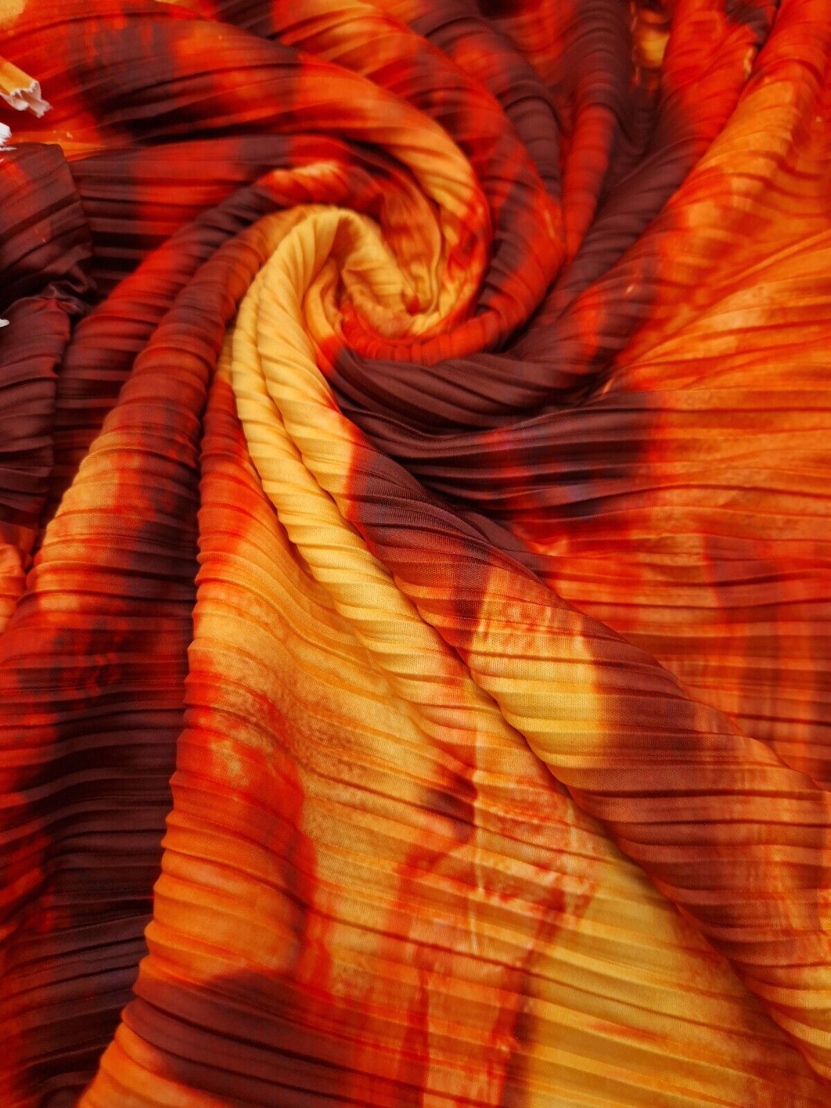 Red Orange Multi Print Plisse Pleated Stretch Fabric