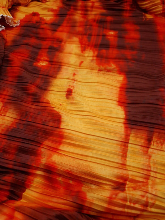 Red Orange Multi Print Plisse Pleated Stretch Fabric