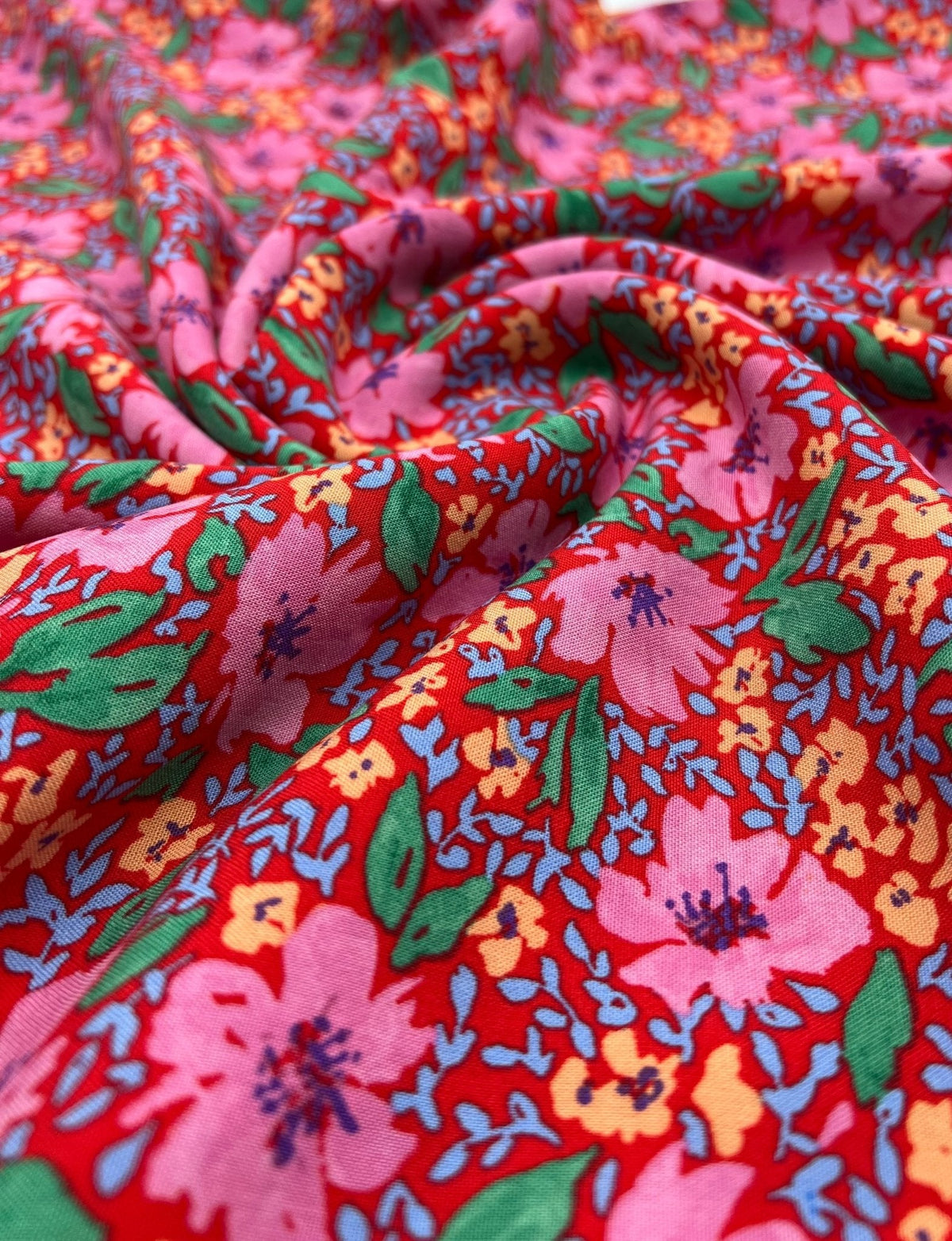 Red Pink Floral Lightweight Non Stretch Woven Fabric