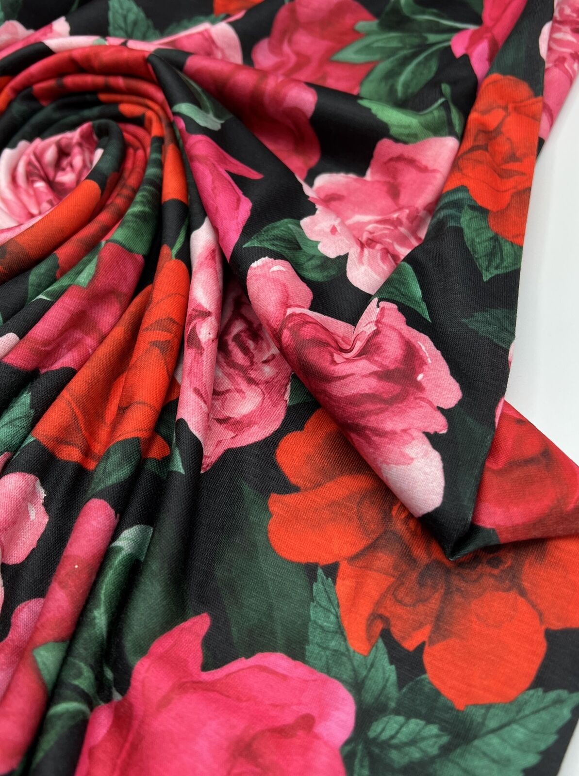 Red Pink Rose Floral Print Spun Poly Stretch Fabric