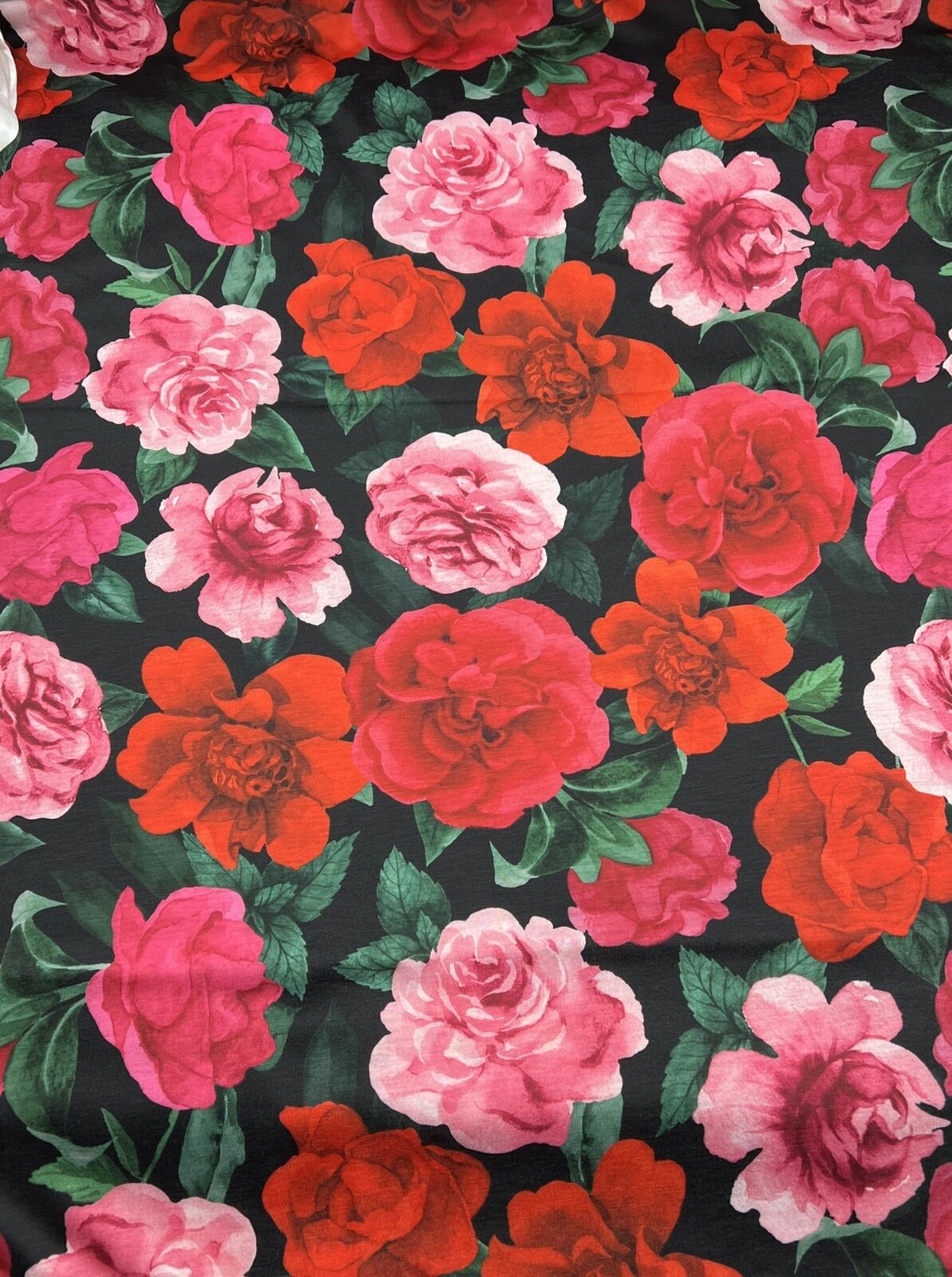 Red Pink Rose Floral Print Spun Poly Stretch Fabric