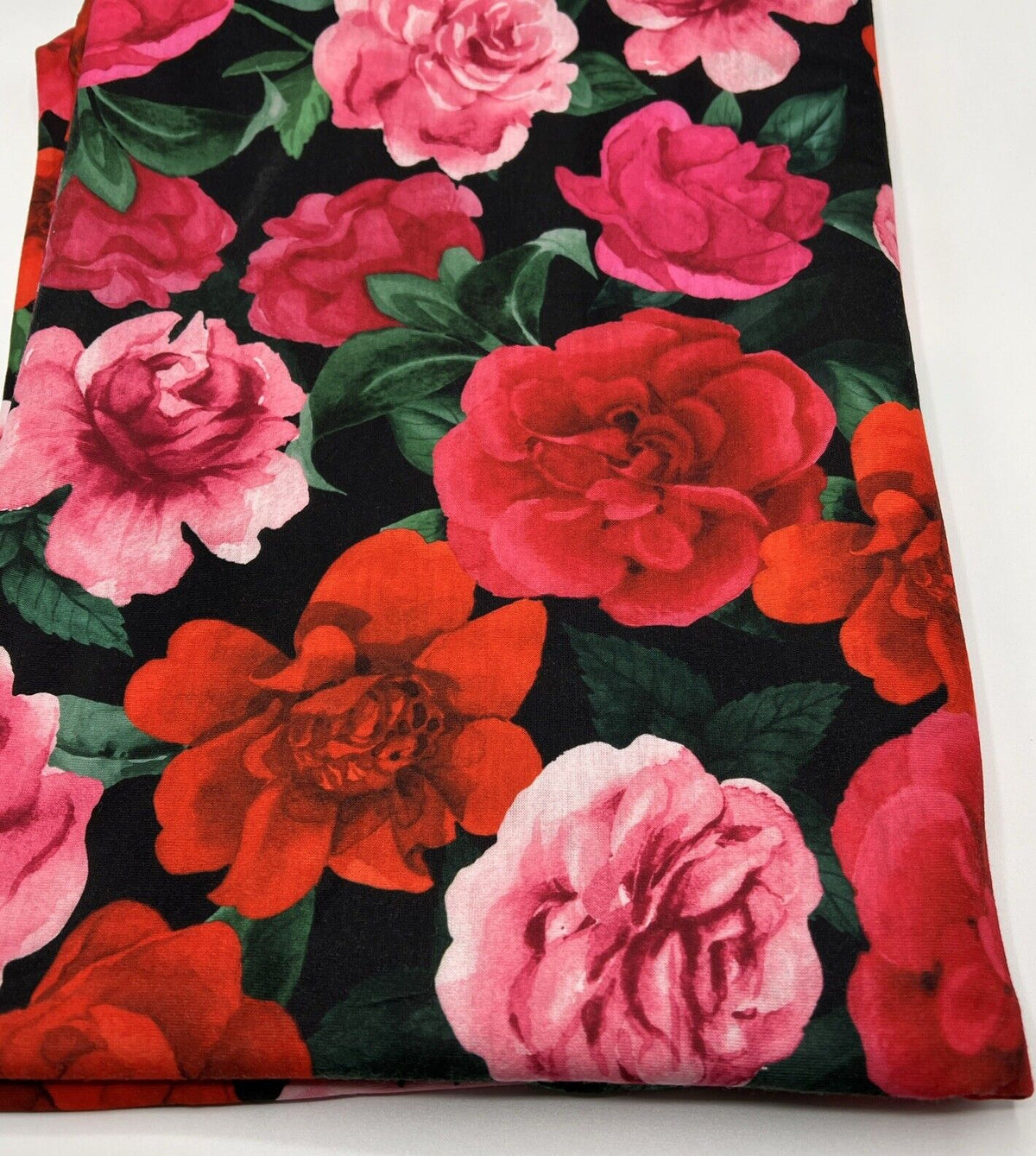 Red Pink Rose Floral Print Spun Poly Stretch Fabric